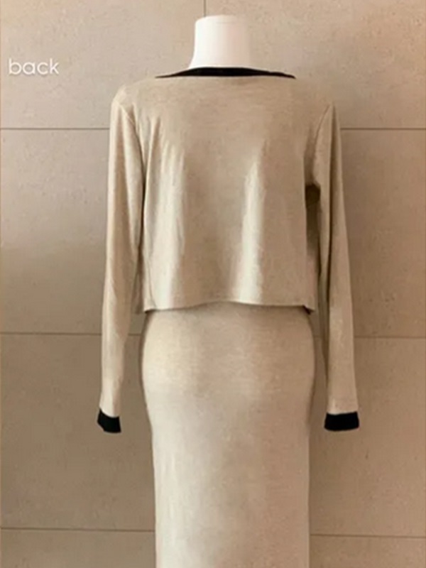 ニットストレッチスリムロング長袖配色セットアップワンピースカーディガン | 詳細画像6