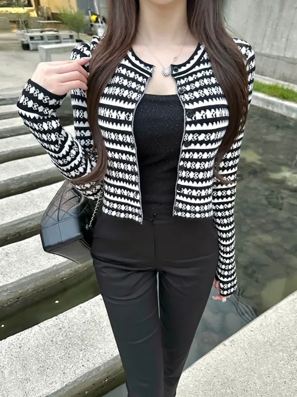 ニットボタンラウンドネック長袖配色カーディガン | 詳細画像4