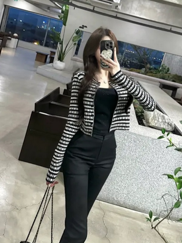 ニットボタンラウンドネック長袖配色カーディガン | 詳細画像10