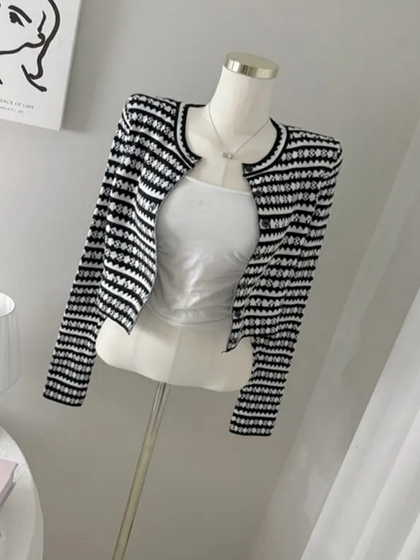 ニットボタンラウンドネック長袖配色カーディガン | 詳細画像8