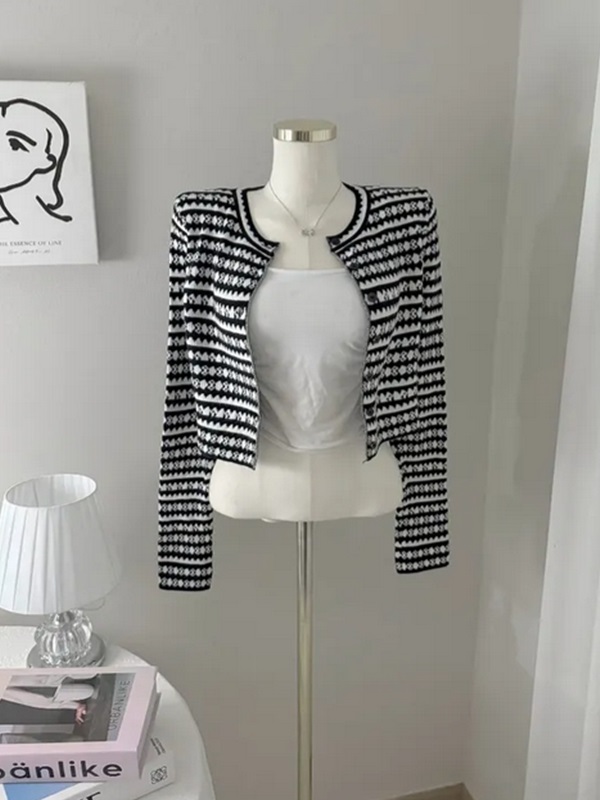 ニットボタンラウンドネック長袖配色カーディガン | 詳細画像9