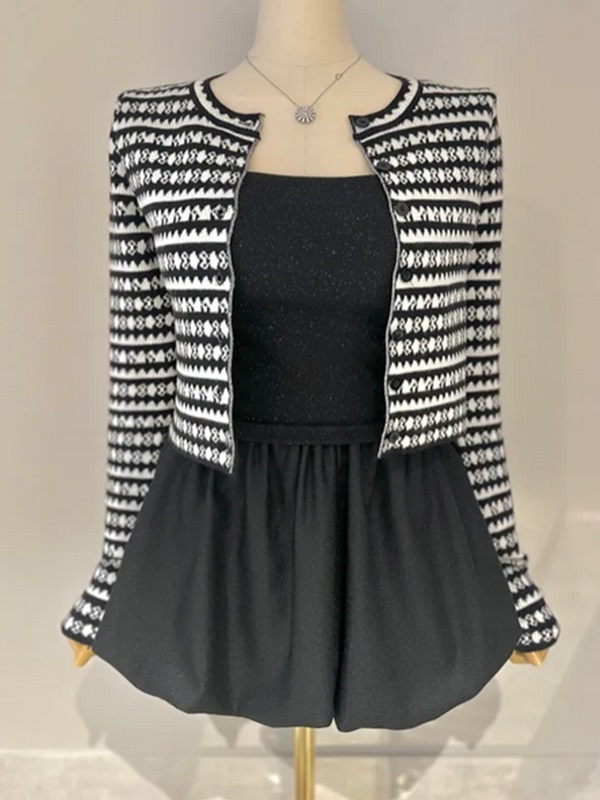 ニットボタンラウンドネック長袖配色カーディガン | 詳細画像7