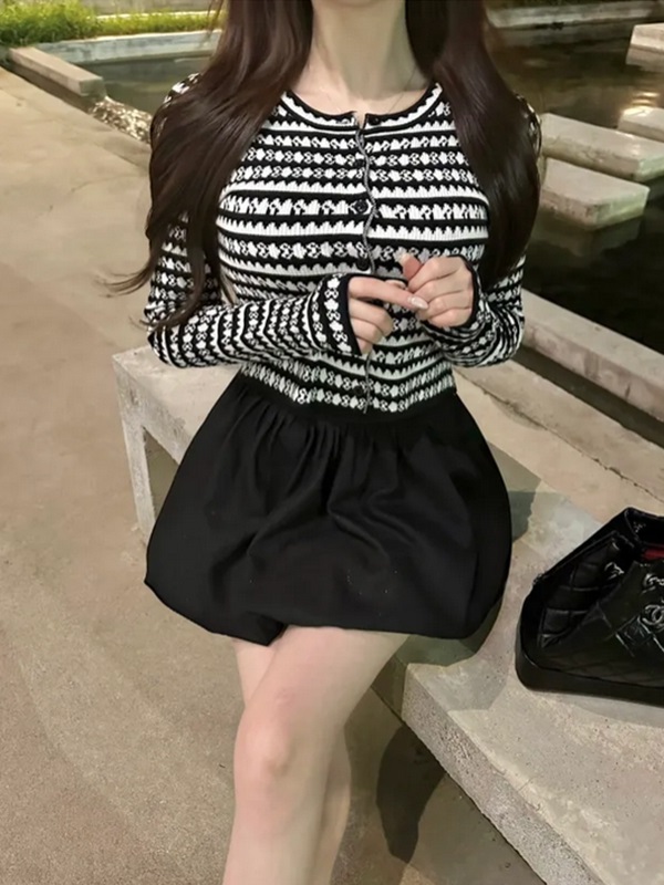 ニットボタンラウンドネック長袖配色カーディガン | 詳細画像3