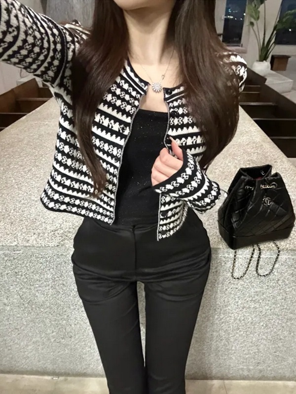 ニットボタンラウンドネック長袖配色カーディガン | 詳細画像5