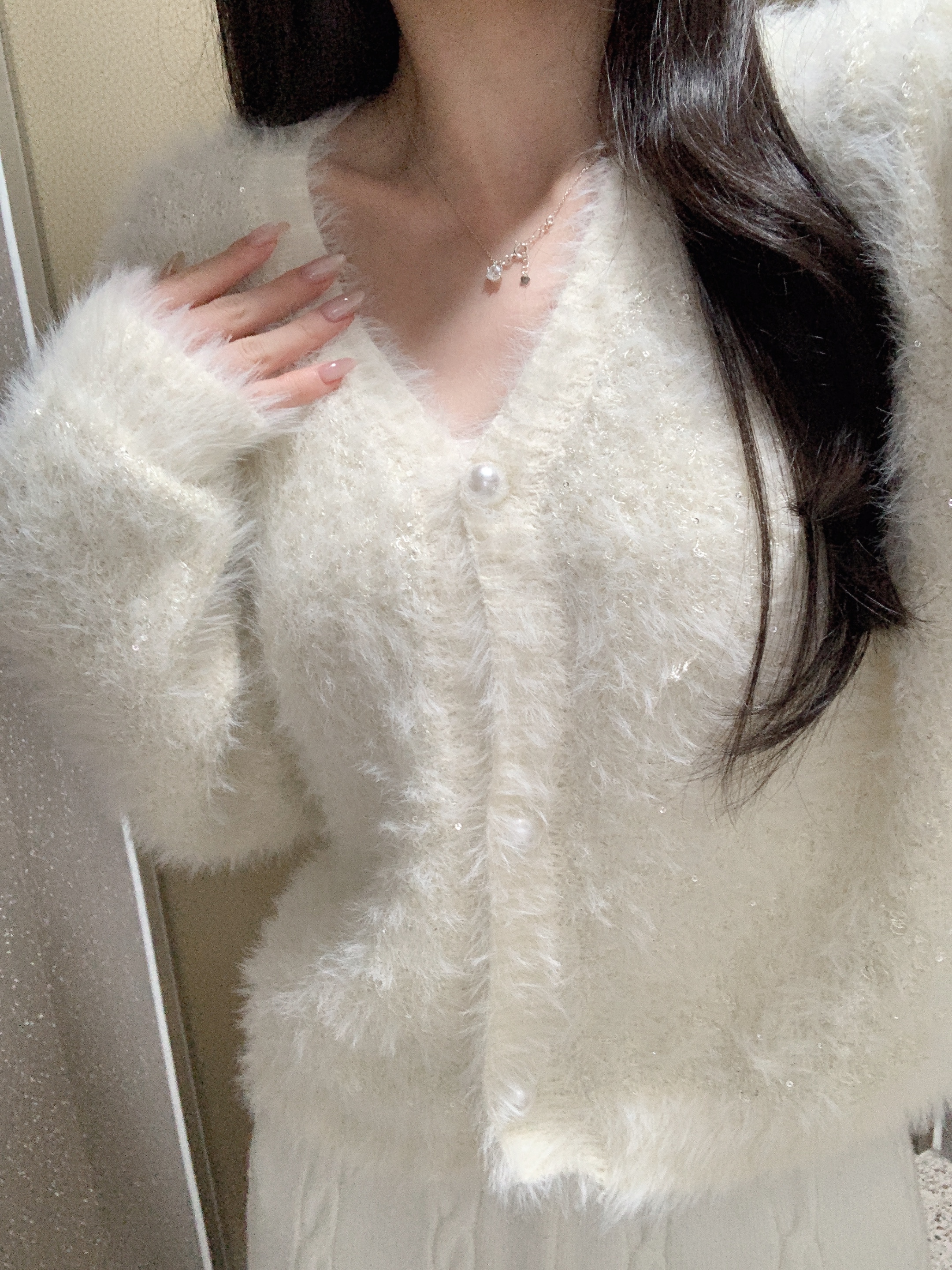 スパンコールウール混アンゴラ混ボタンVネック長袖カーディガン | 詳細画像5