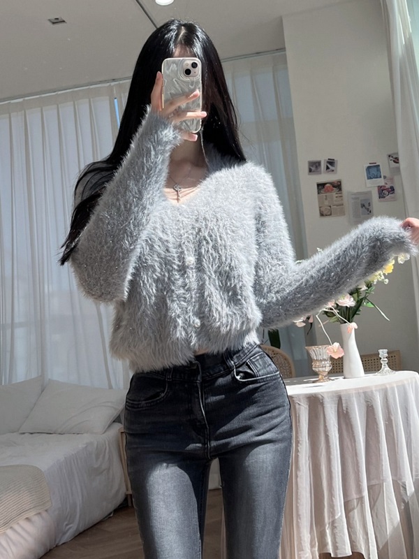 スパンコールウール混アンゴラ混ボタンVネック長袖カーディガン | 詳細画像9