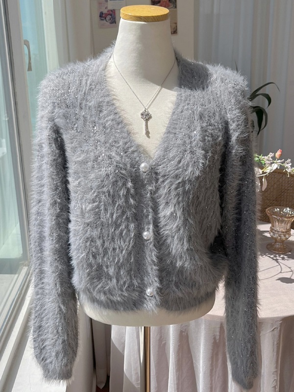 スパンコールウール混アンゴラ混ボタンVネック長袖カーディガン | 詳細画像7