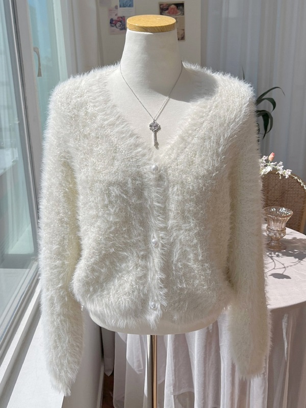 スパンコールウール混アンゴラ混ボタンVネック長袖カーディガン | 詳細画像8