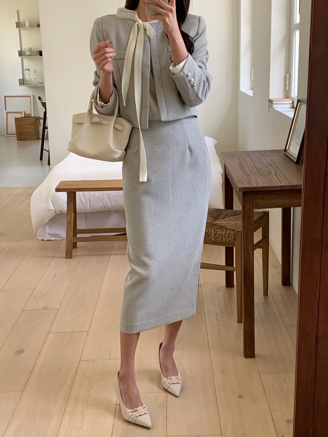 ジップアップラウンドネックスリット肩パッドスリムロング長袖セットアップスカートジャケット | 詳細画像5