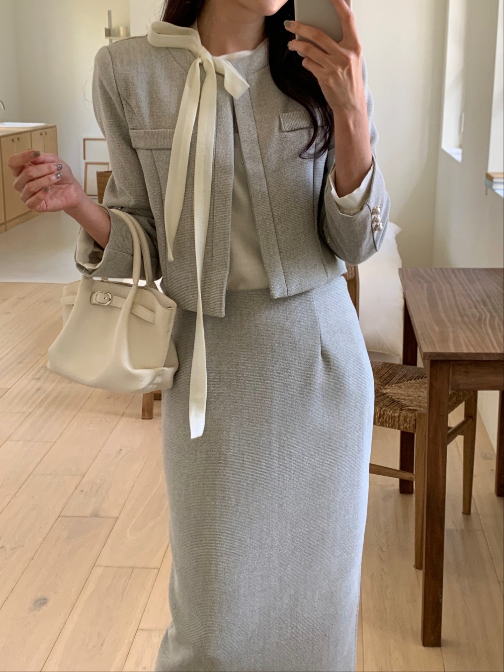 ジップアップラウンドネックスリット肩パッドスリムロング長袖セットアップスカートジャケット | 詳細画像6