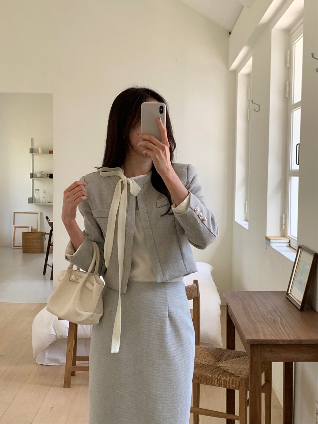 ジップアップラウンドネックスリット肩パッドスリムロング長袖セットアップスカートジャケット | 詳細画像7