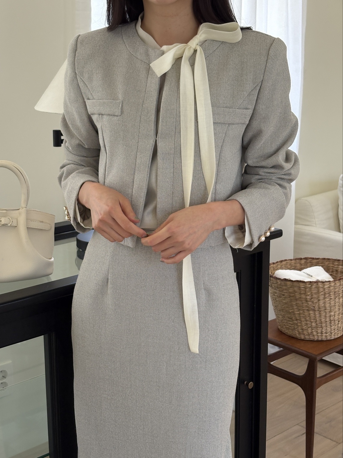 ジップアップラウンドネックスリット肩パッドスリムロング長袖セットアップスカートジャケット | 詳細画像8