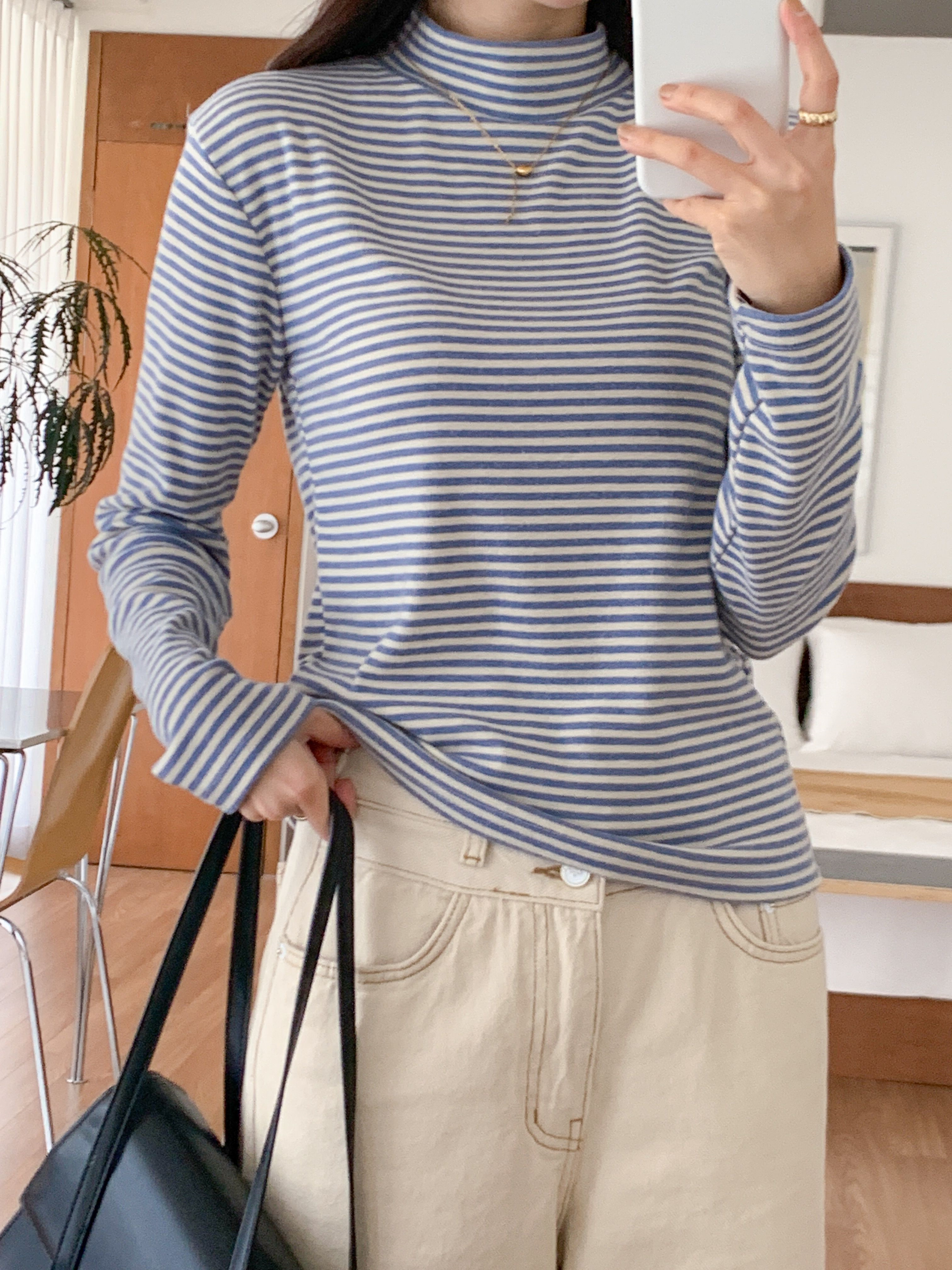 裏起毛ストレッチハーフネックスリム長袖ボーダー配色Tシャツ