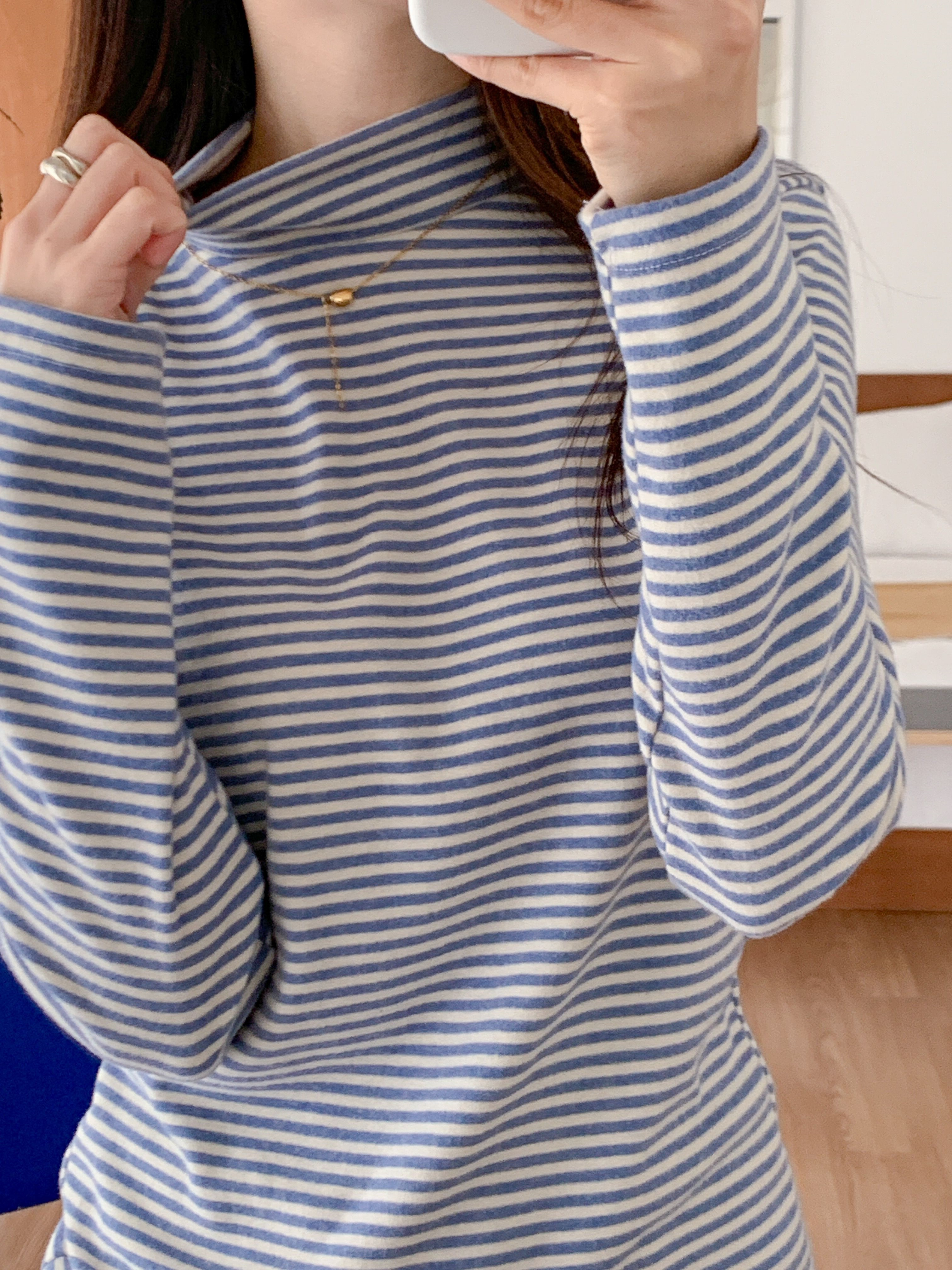 裏起毛ストレッチハーフネックスリム長袖ボーダー配色Tシャツ | 詳細画像3