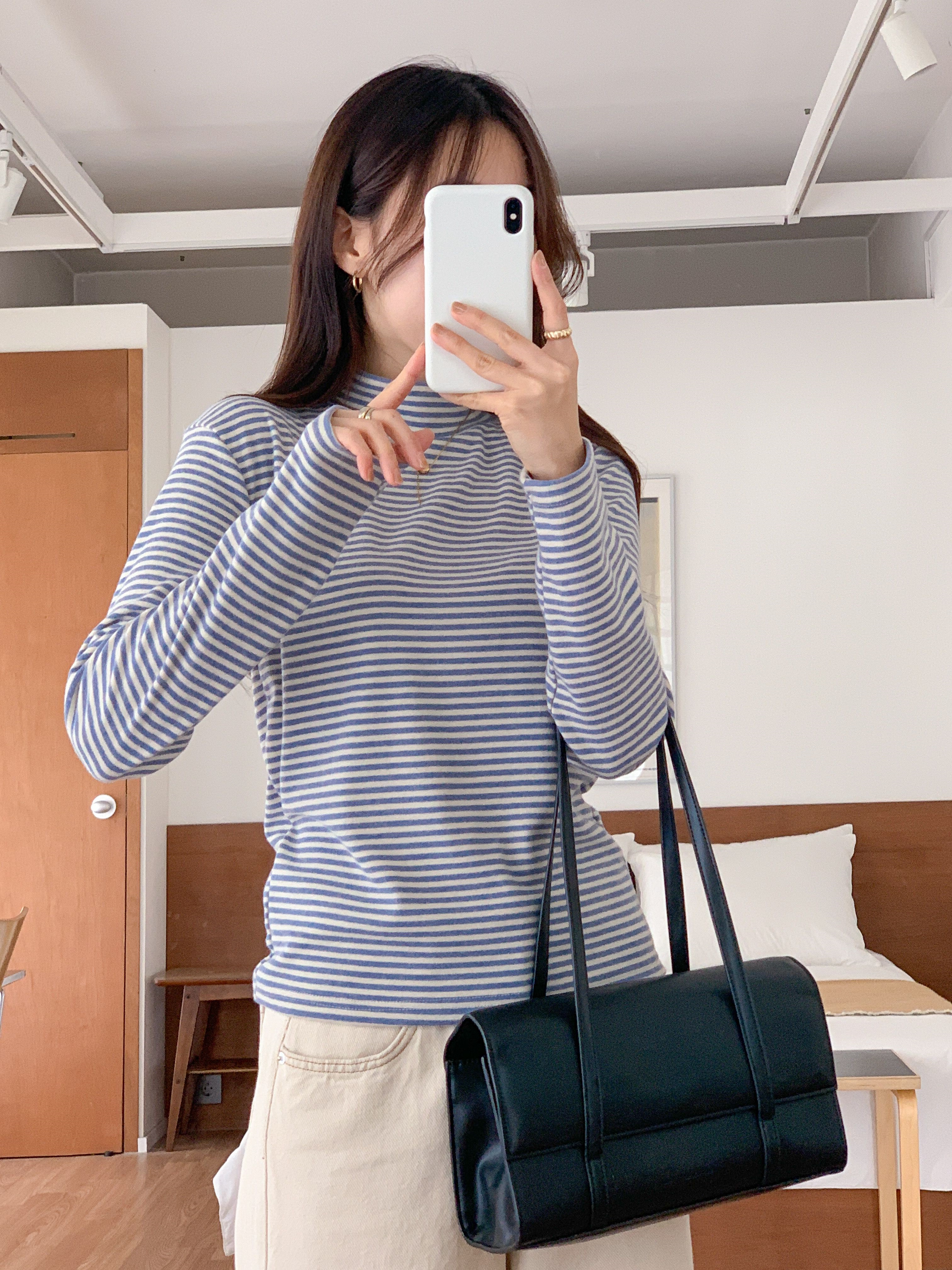 裏起毛ストレッチハーフネックスリム長袖ボーダー配色Tシャツ | 詳細画像5