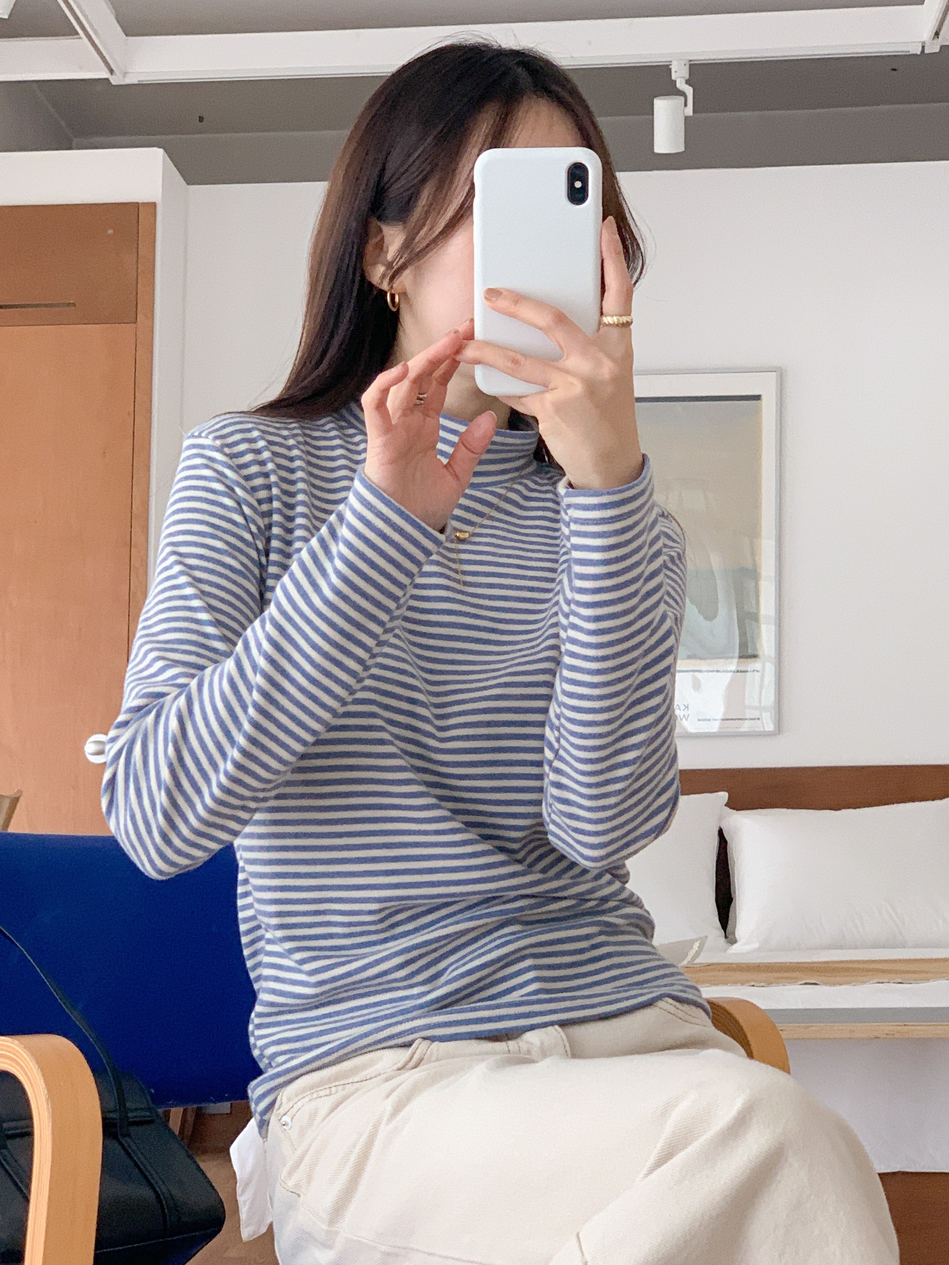 裏起毛ストレッチハーフネックスリム長袖ボーダー配色Tシャツ | 詳細画像6