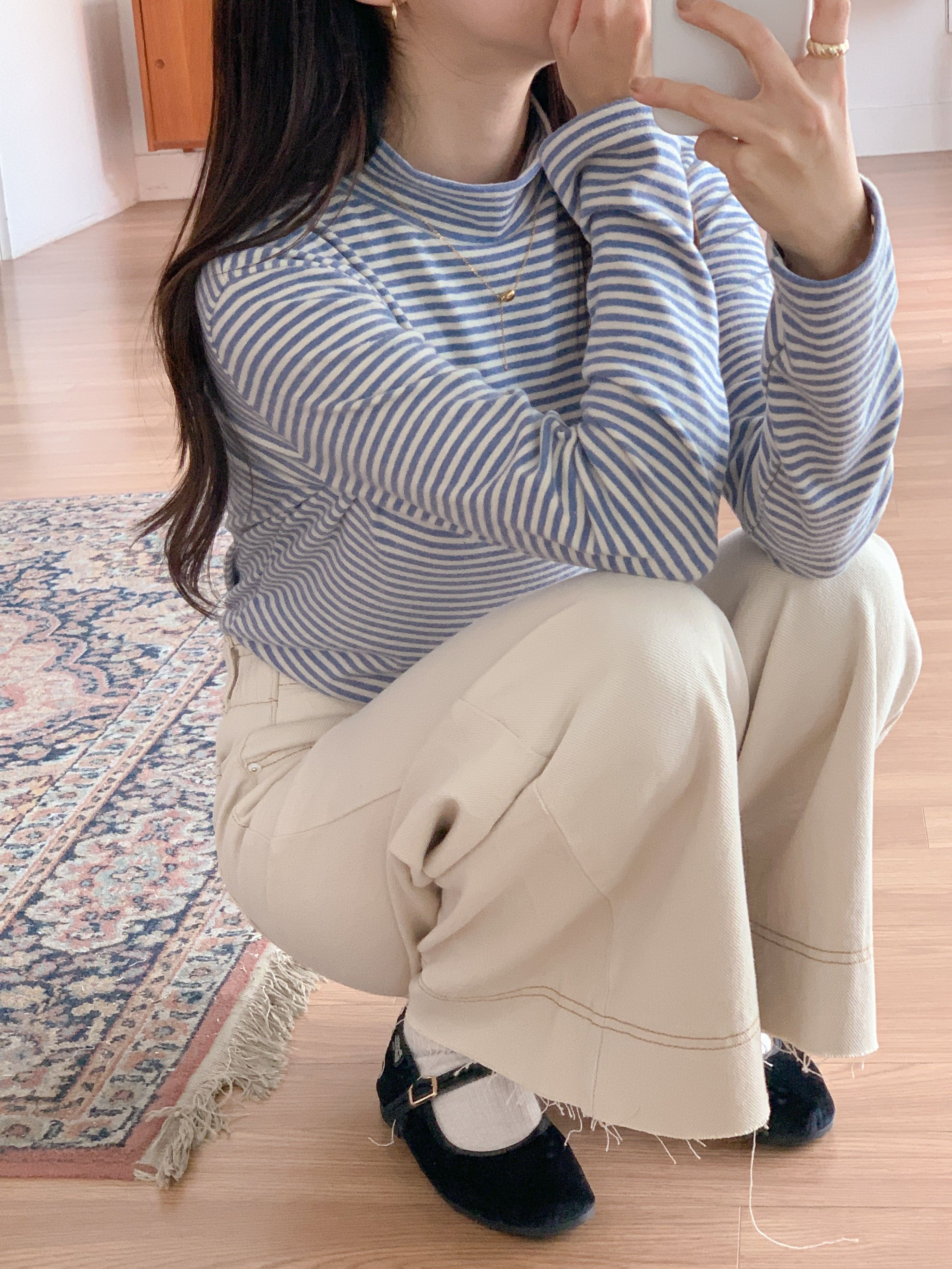 裏起毛ストレッチハーフネックスリム長袖ボーダー配色Tシャツ | 詳細画像8