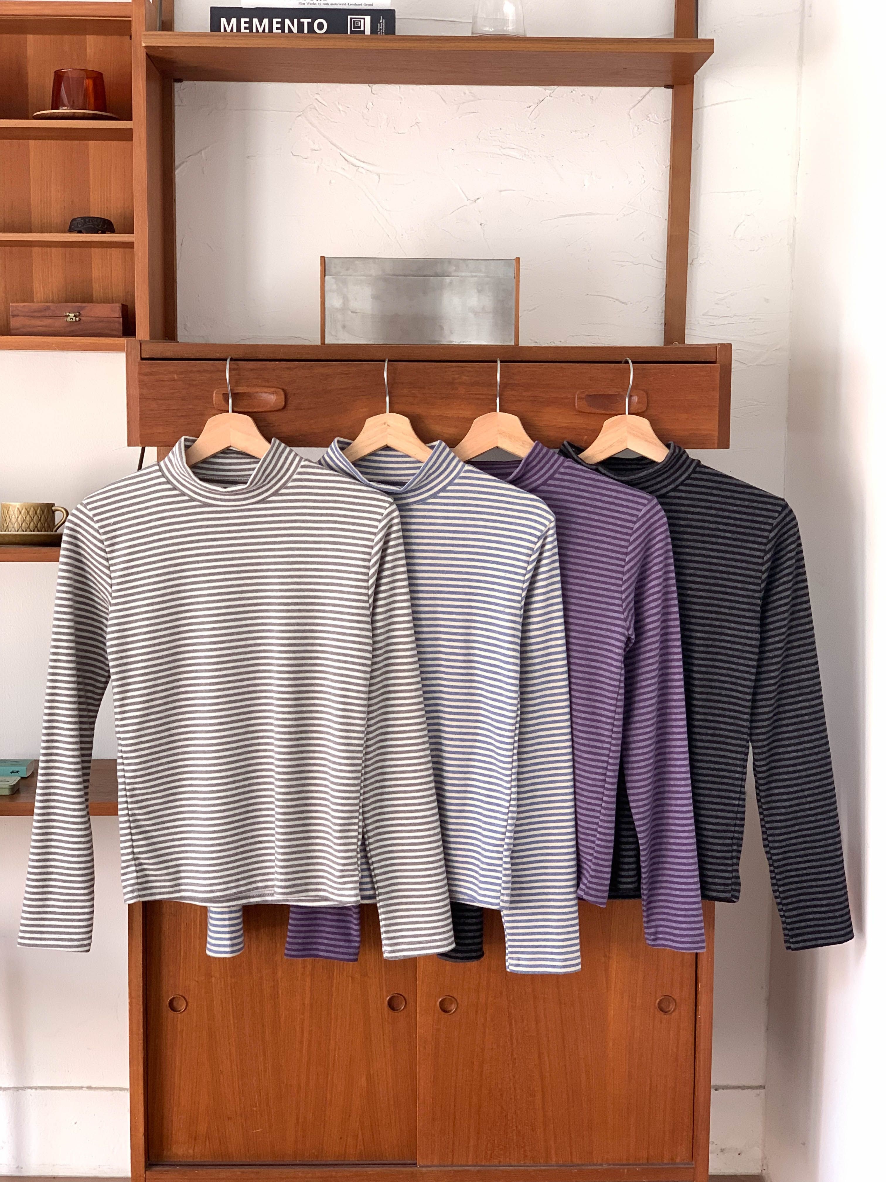 裏起毛ストレッチハーフネックスリム長袖ボーダー配色Tシャツ | 詳細画像16