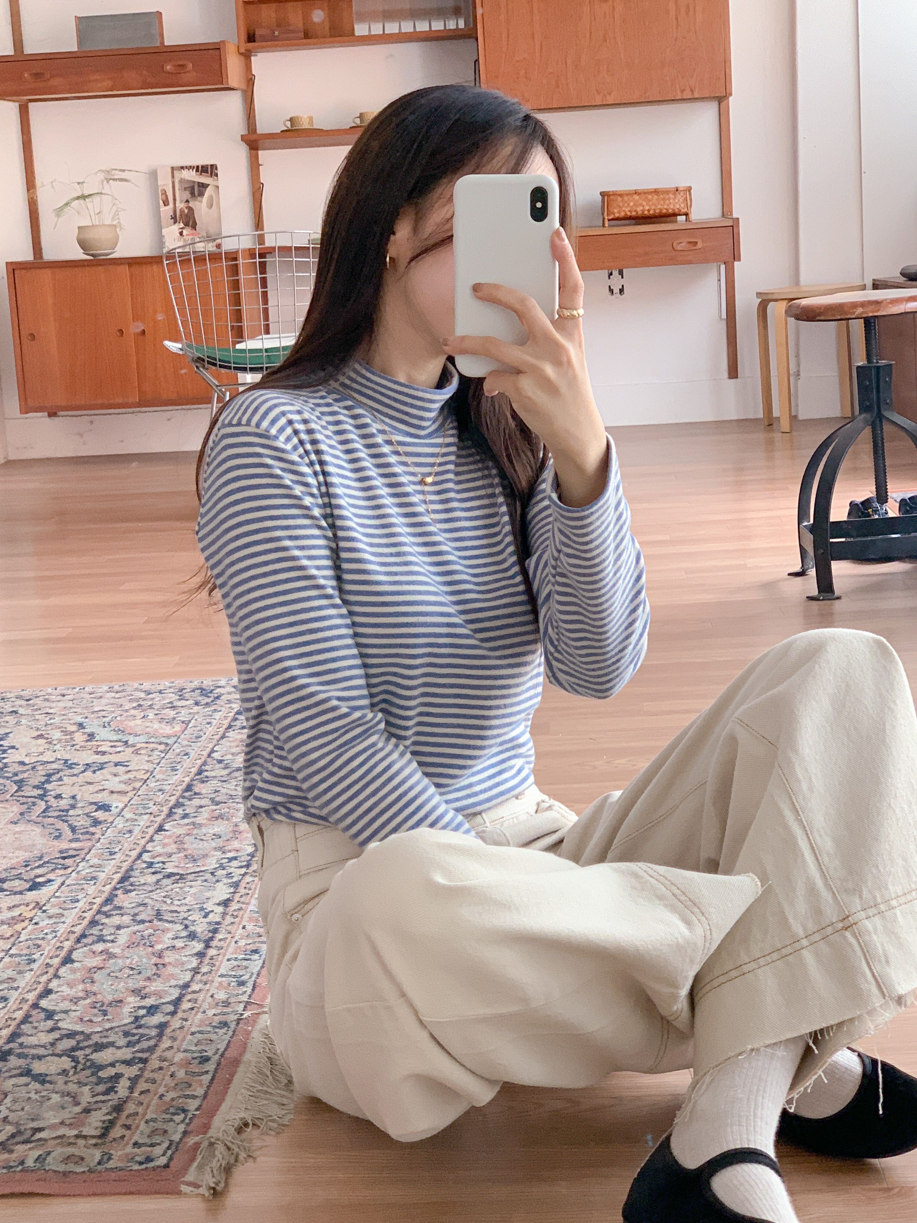 裏起毛ストレッチハーフネックスリム長袖ボーダー配色Tシャツ | 詳細画像10