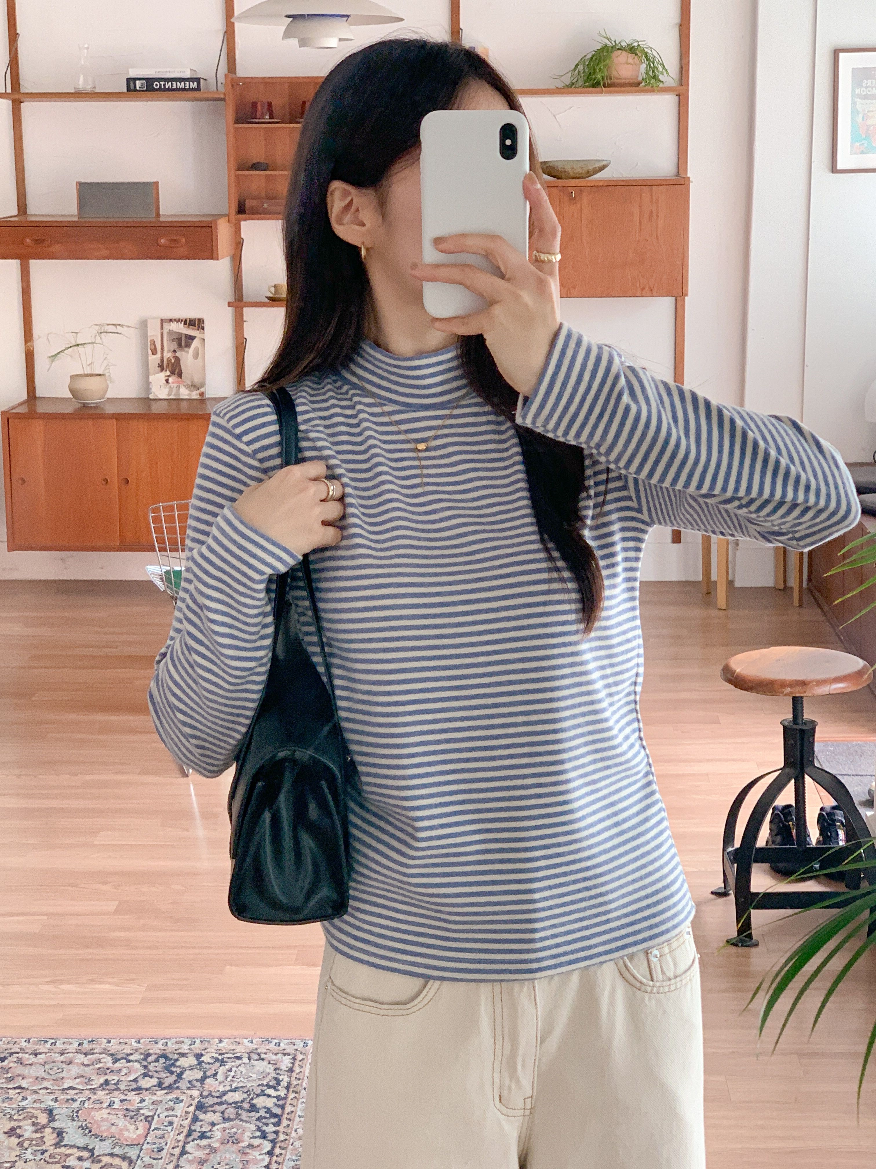 裏起毛ストレッチハーフネックスリム長袖ボーダー配色Tシャツ | 詳細画像12