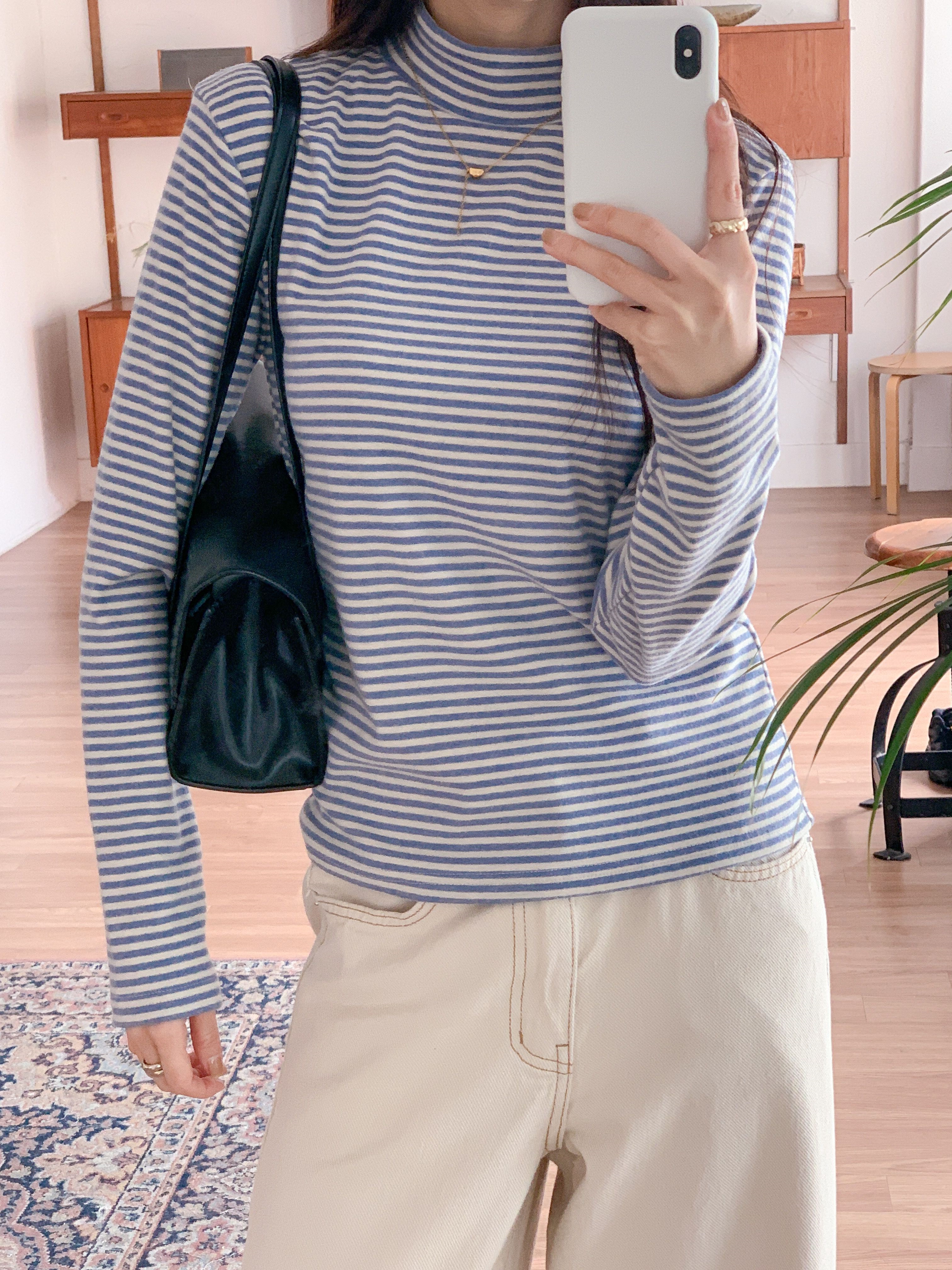 裏起毛ストレッチハーフネックスリム長袖ボーダー配色Tシャツ | 詳細画像13