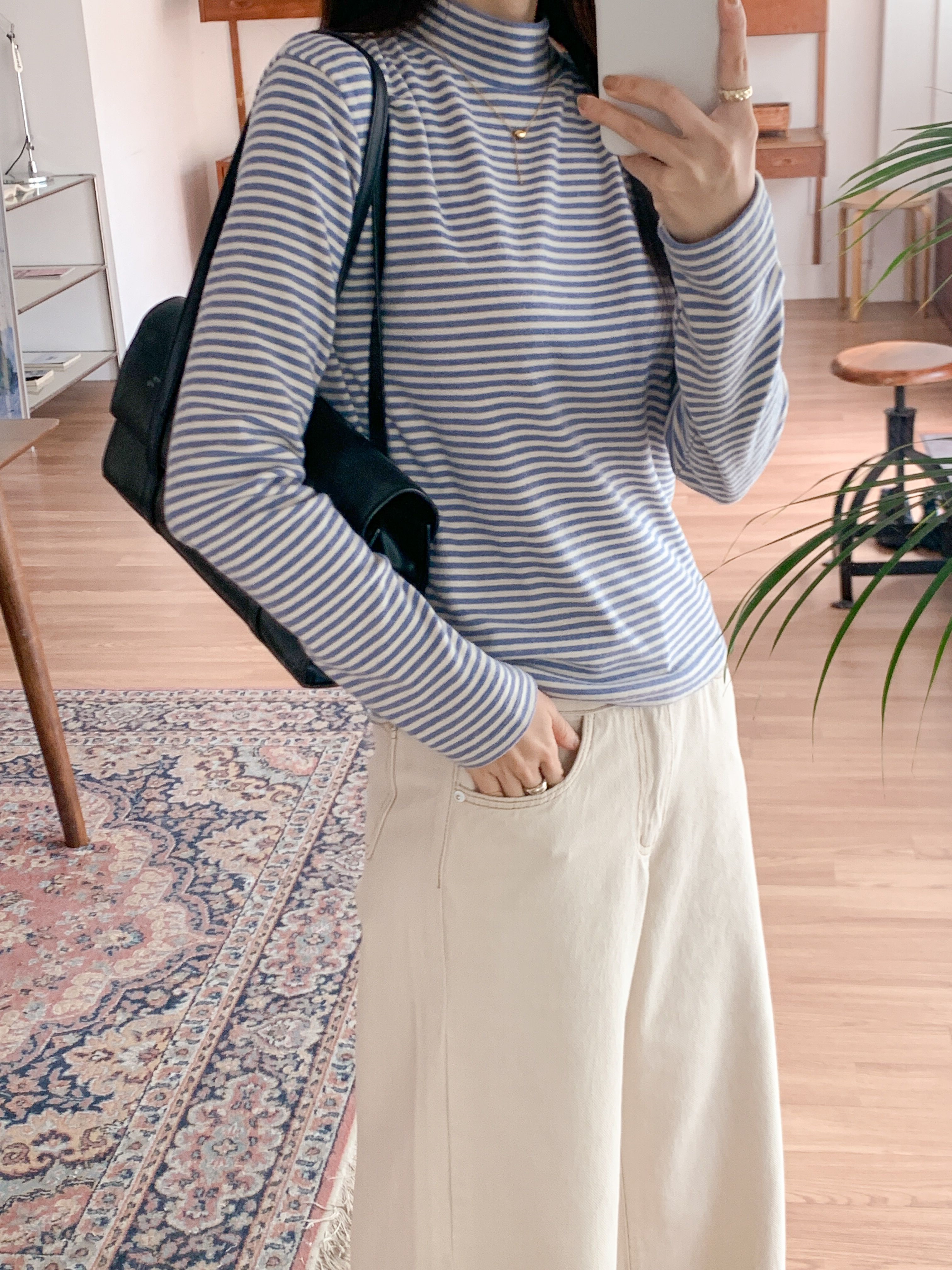 裏起毛ストレッチハーフネックスリム長袖ボーダー配色Tシャツ | 詳細画像15