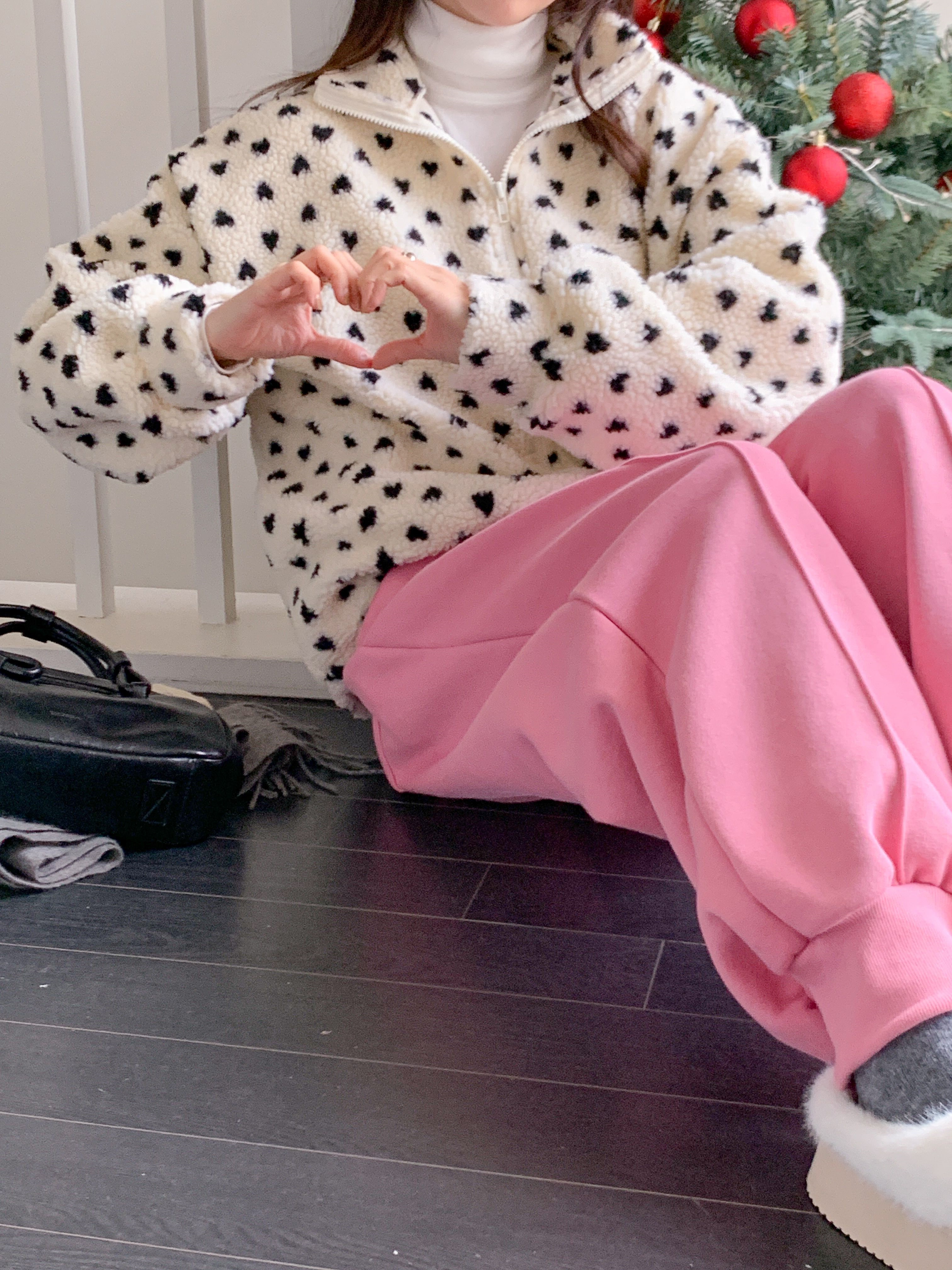 両起毛ボアジップアップポケットボクシールーズ長袖ハートジャンパー | 詳細画像2