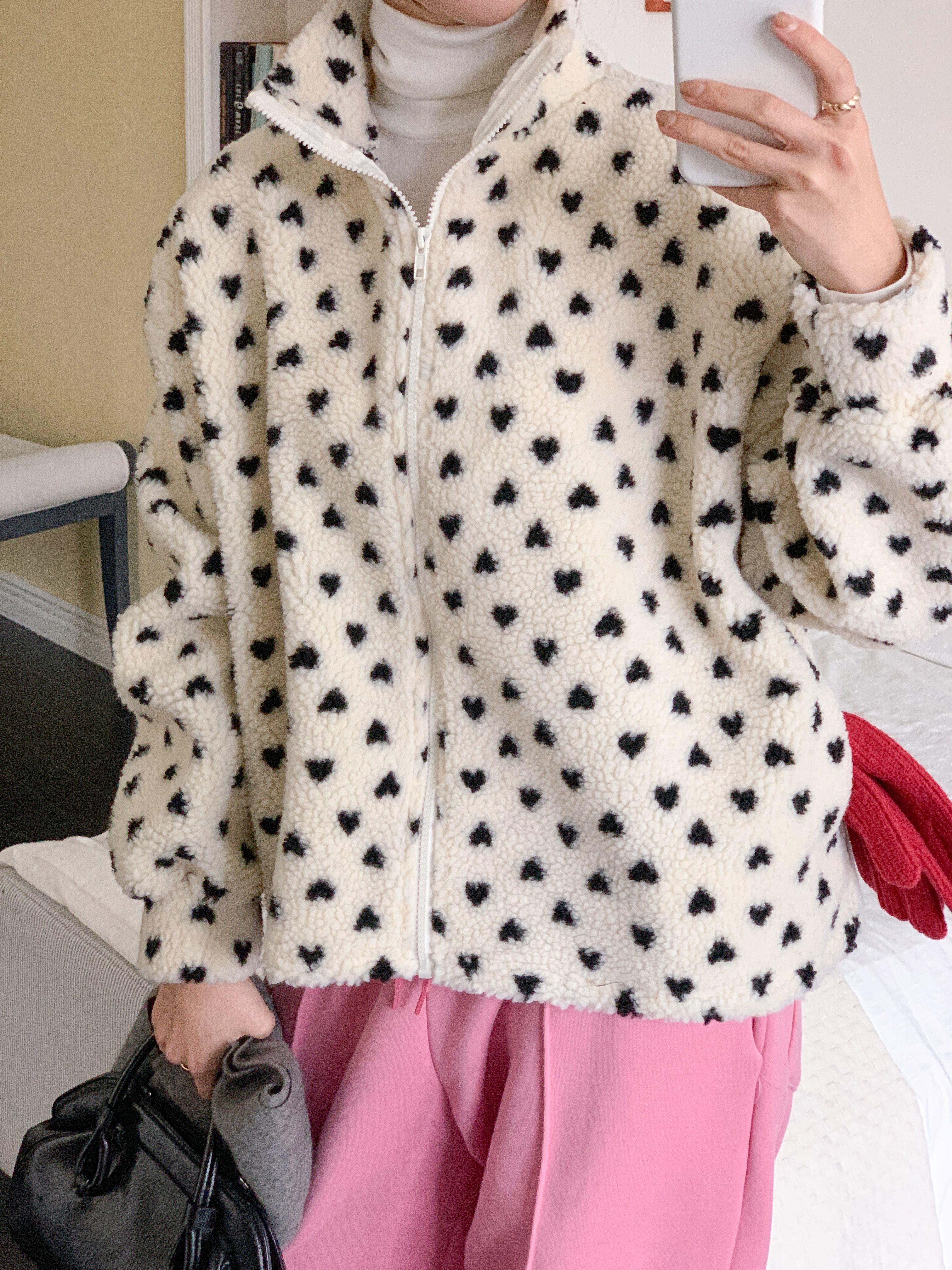 両起毛ボアジップアップポケットボクシールーズ長袖ハートジャンパー | 詳細画像8