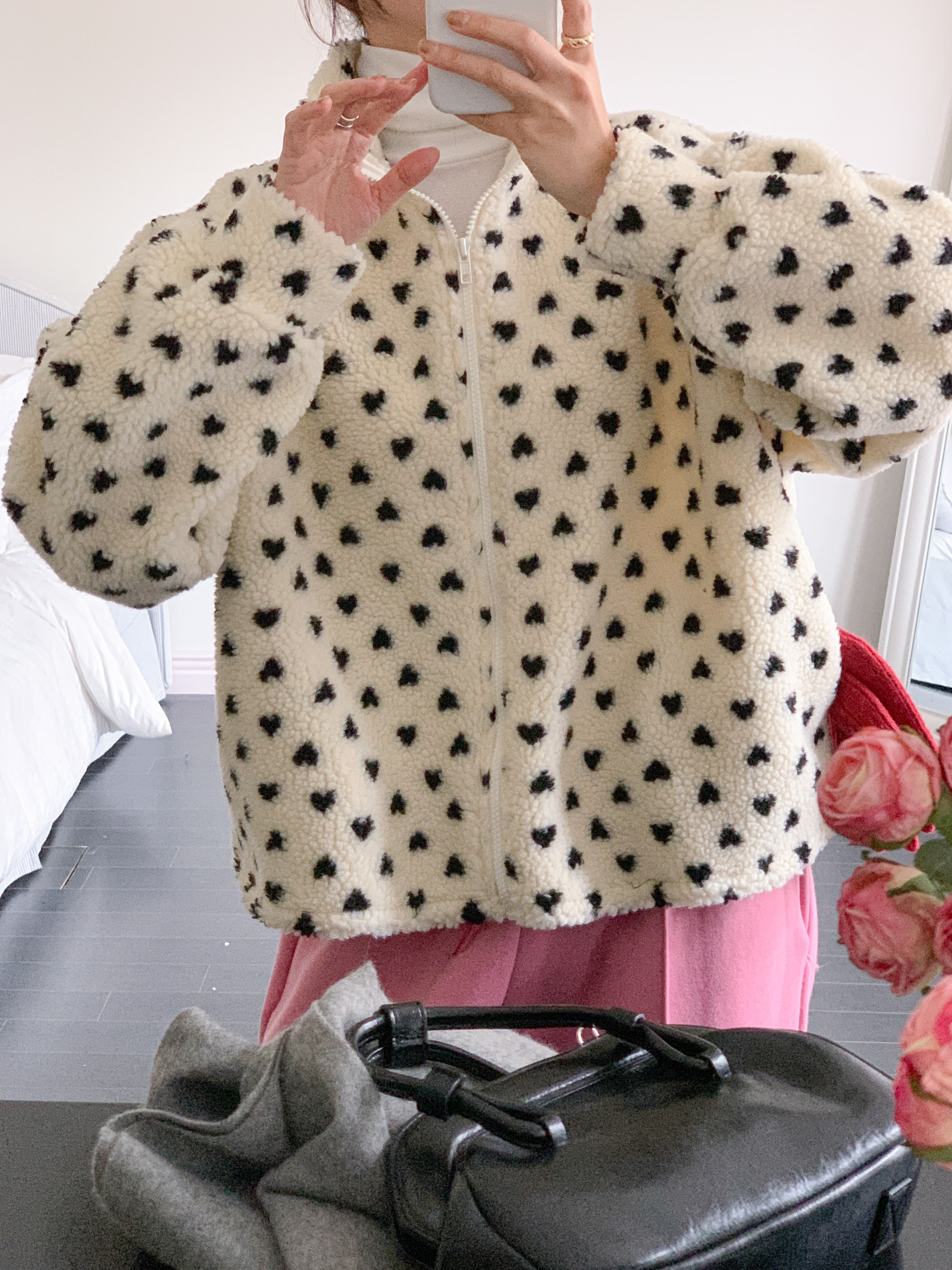 両起毛ボアジップアップポケットボクシールーズ長袖ハートジャンパー | 詳細画像12