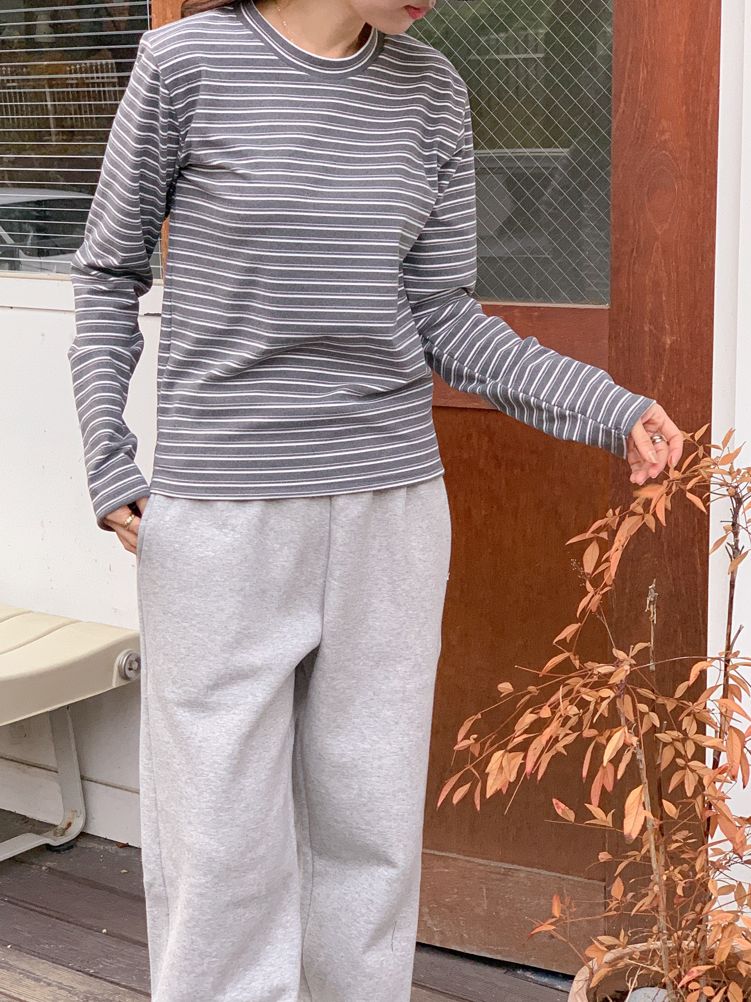 ラウンドネックスリム長袖ボーダー配色Tシャツ | 詳細画像4