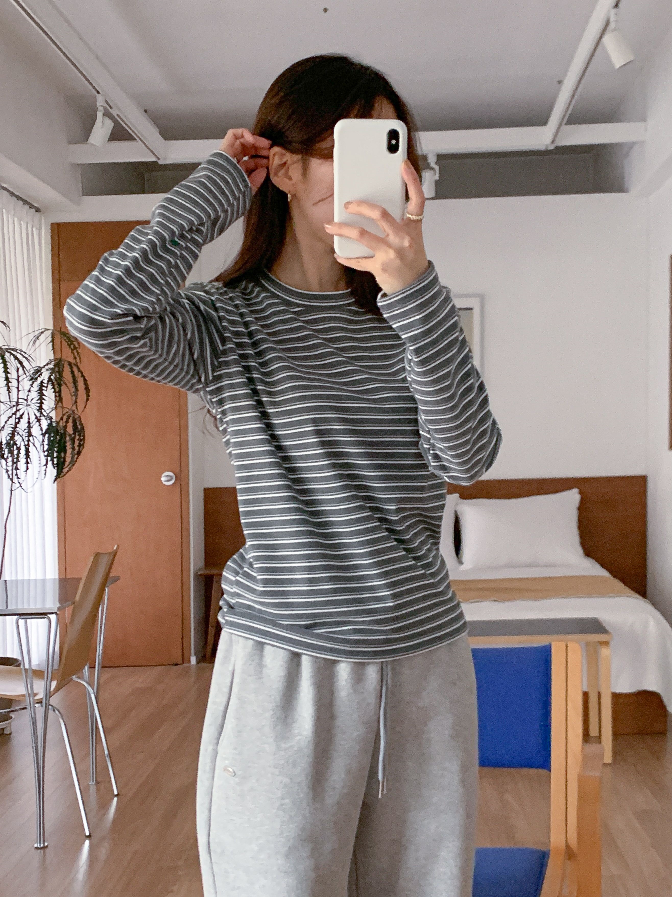 ラウンドネックスリム長袖ボーダー配色Tシャツ | 詳細画像5