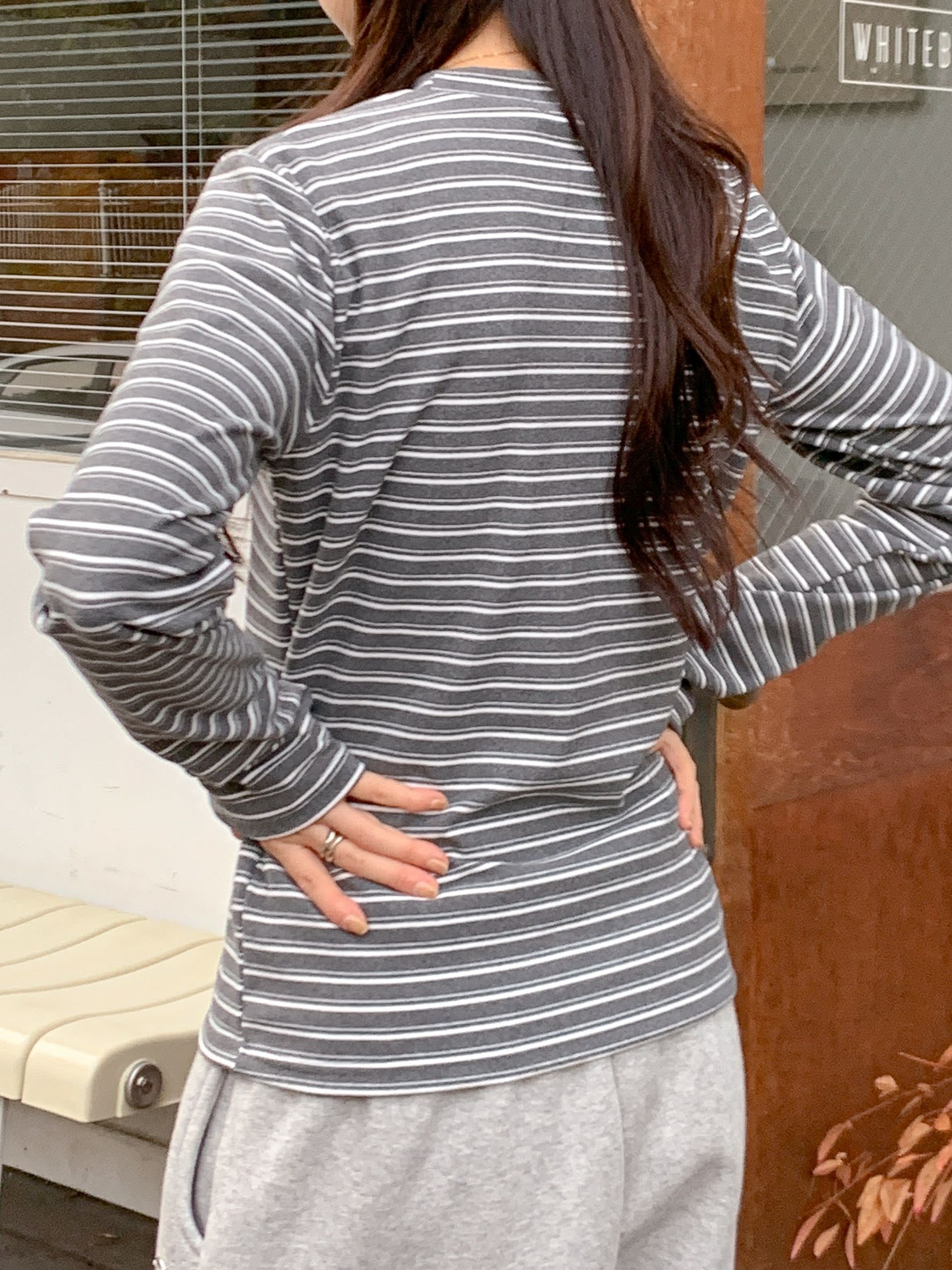 ラウンドネックスリム長袖ボーダー配色Tシャツ | 詳細画像6