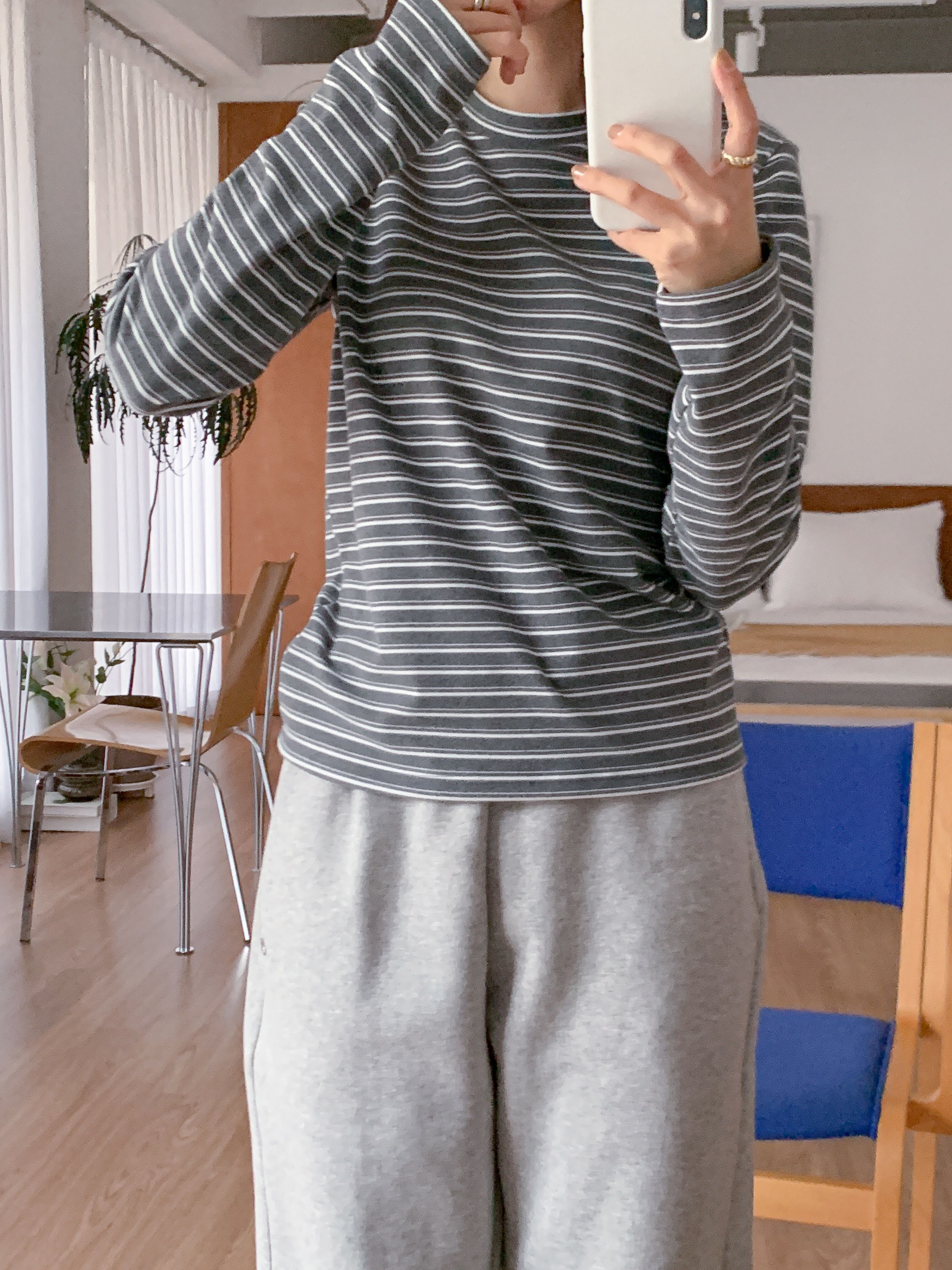 ラウンドネックスリム長袖ボーダー配色Tシャツ | 詳細画像11