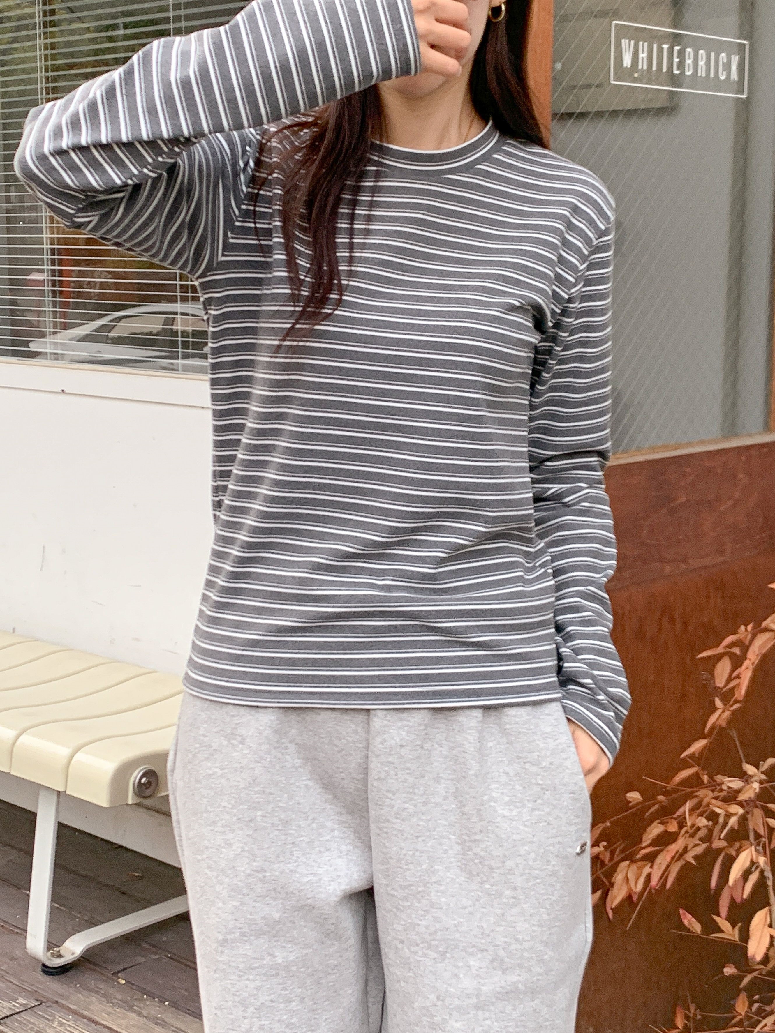 ラウンドネックスリム長袖ボーダー配色Tシャツ | 詳細画像13