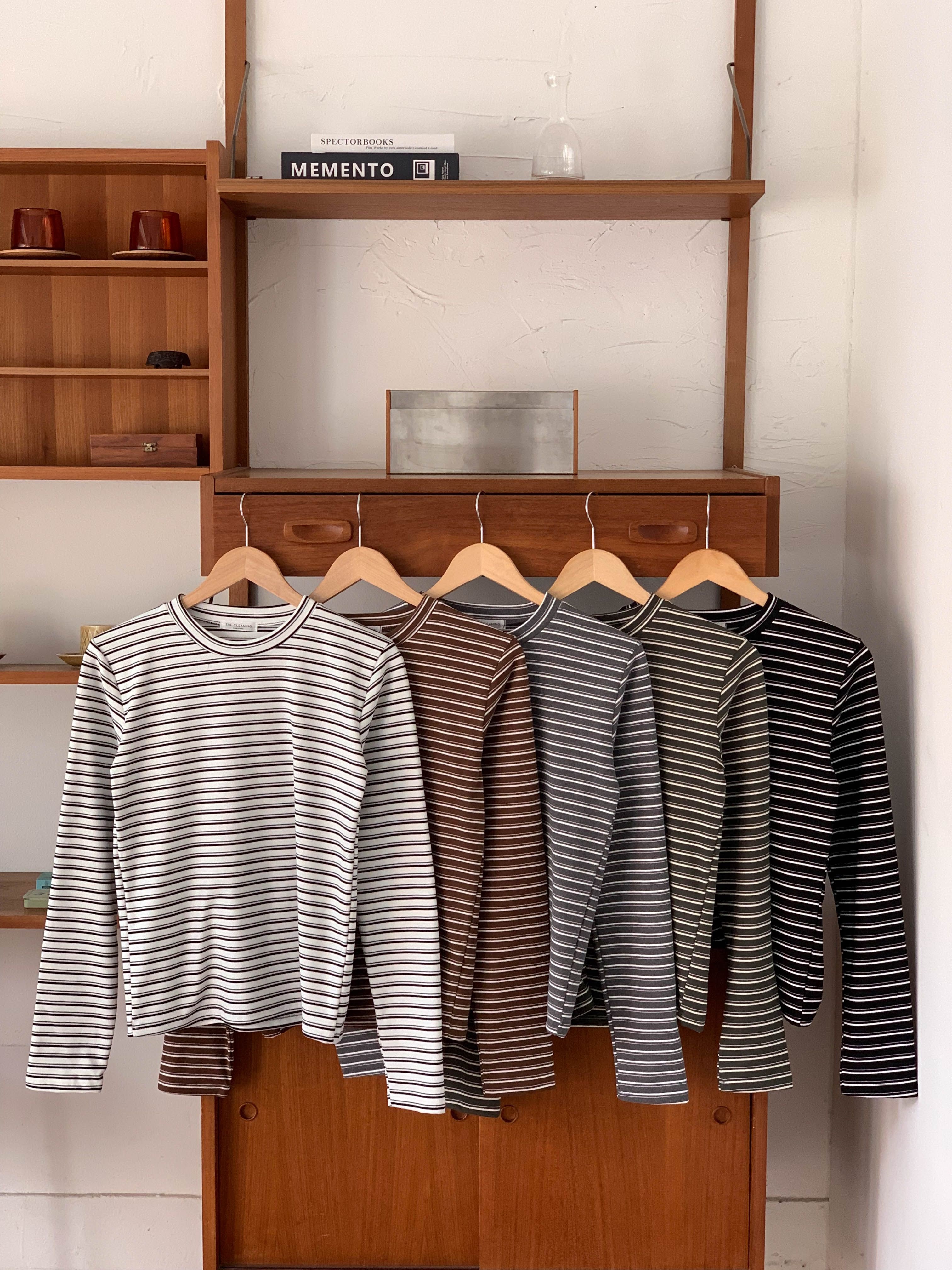 ラウンドネックスリム長袖ボーダー配色Tシャツ | 詳細画像17