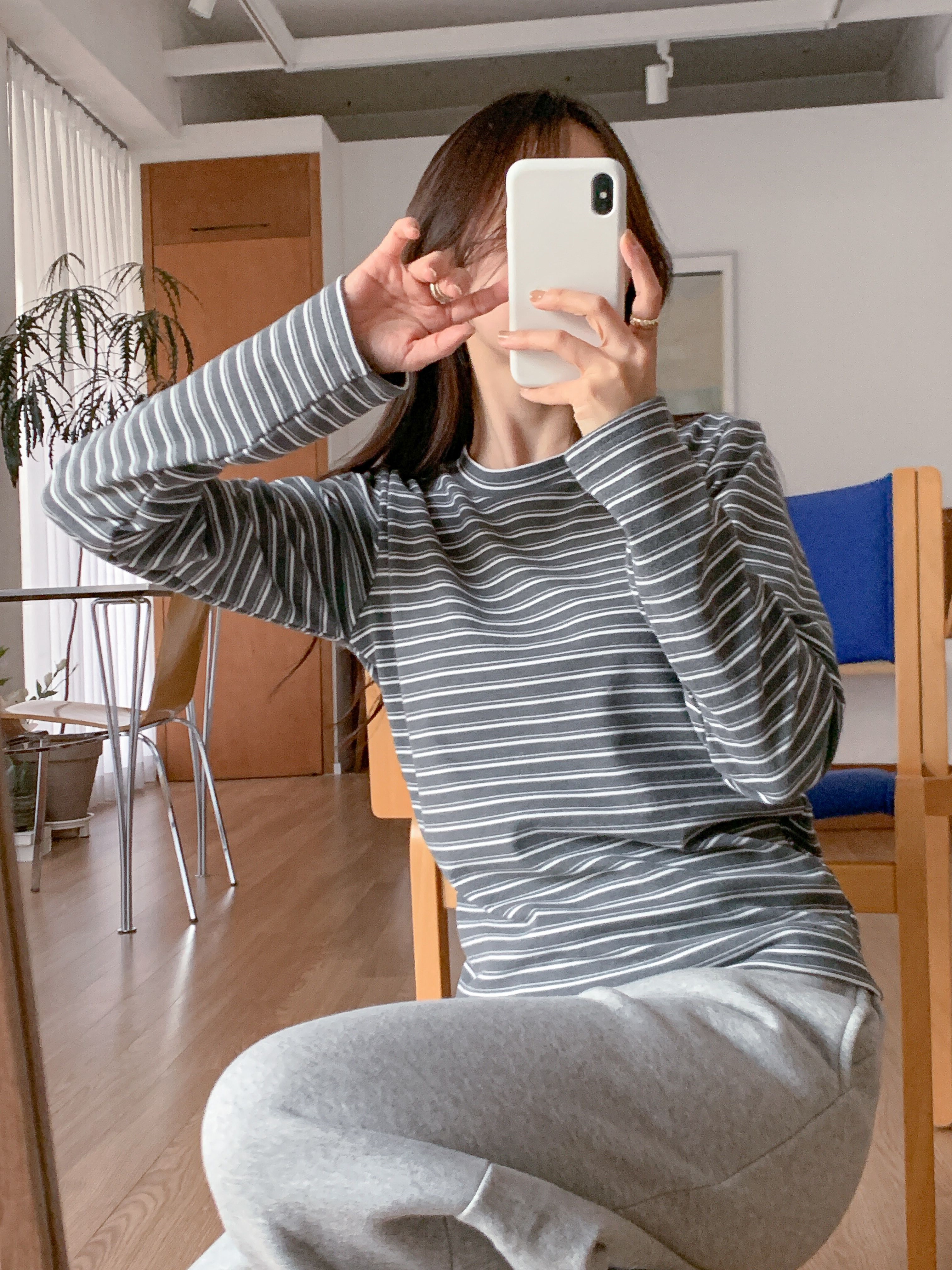 ラウンドネックスリム長袖ボーダー配色Tシャツ | 詳細画像15