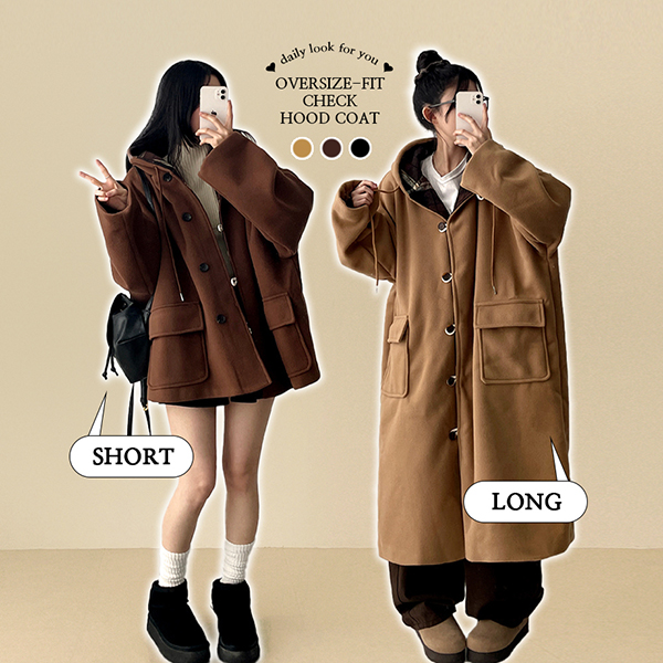 選べる丈]メルトンタッチフードポケットショートロングルーズ長袖