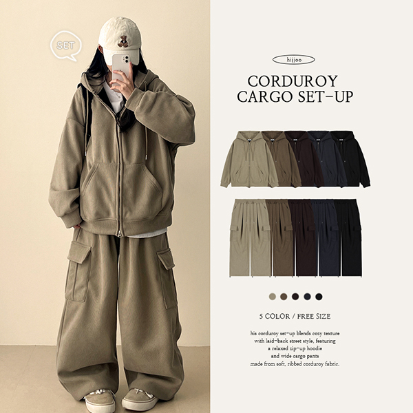 裏起毛コーデュロイフードドローストリングダブルジップウエストゴム