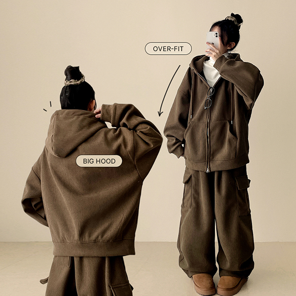 裏起毛コーデュロイフードドローストリングダブルジップウエストゴム