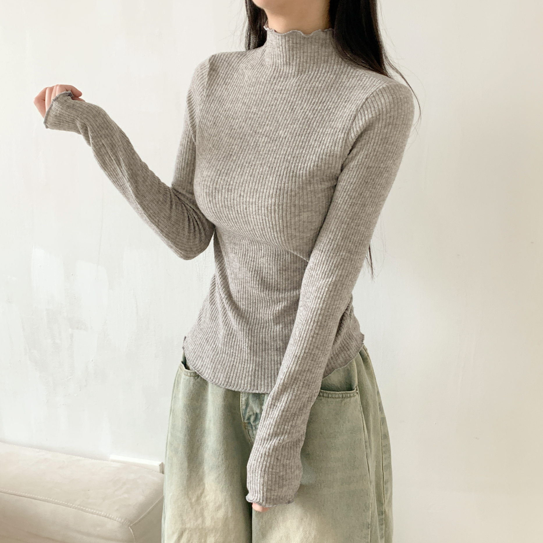 リブタートルネックスリム長袖カラーTシャツ | 詳細画像2