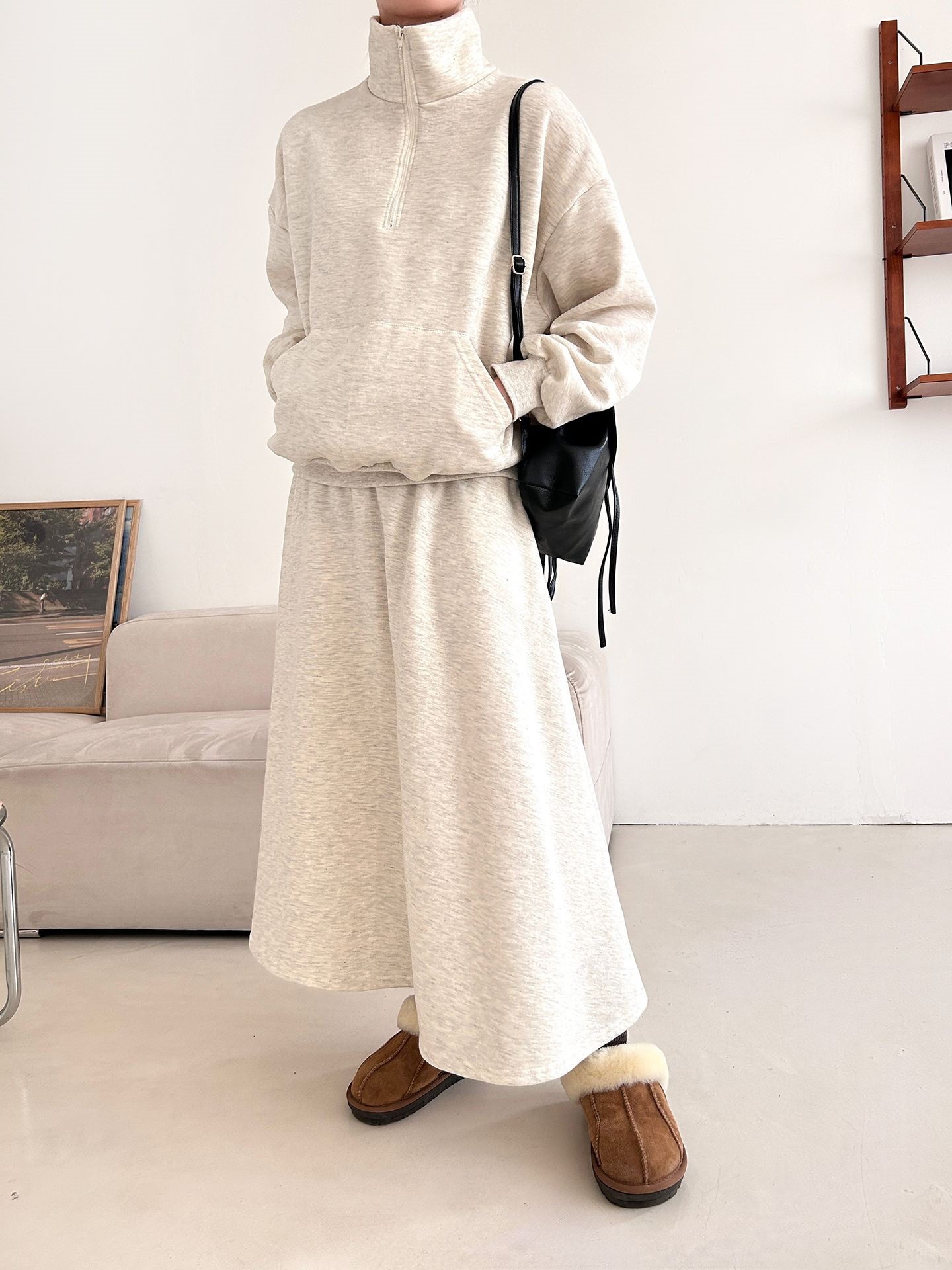 裏起毛ハーフジップウエストゴムロングルーズ長袖ワイドセットアップスカートスウェット | 詳細画像2