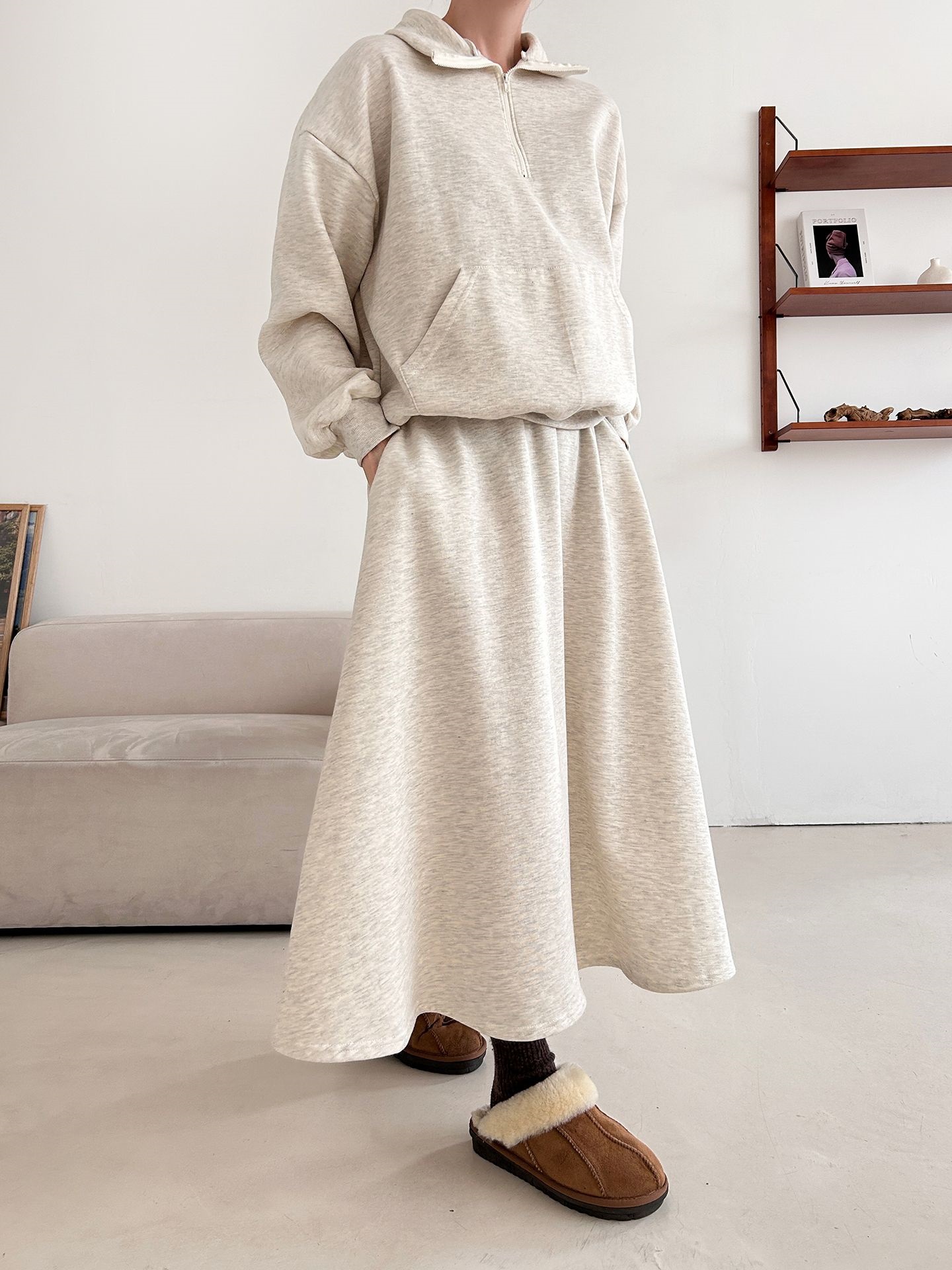 裏起毛ハーフジップウエストゴムロングルーズ長袖ワイドセットアップスカートスウェット | 詳細画像3