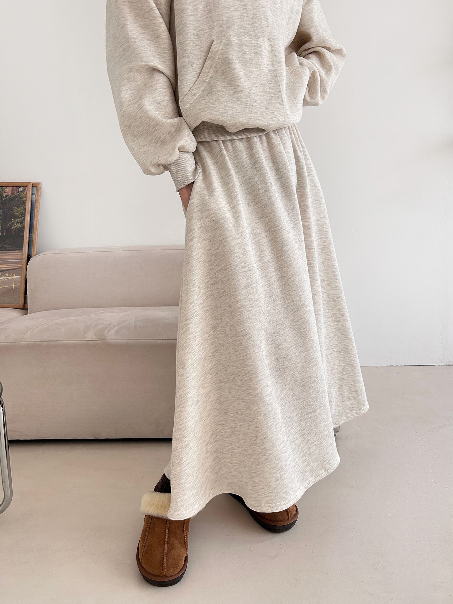 裏起毛ハーフジップウエストゴムロングルーズ長袖ワイドセットアップスカートスウェット | 詳細画像4