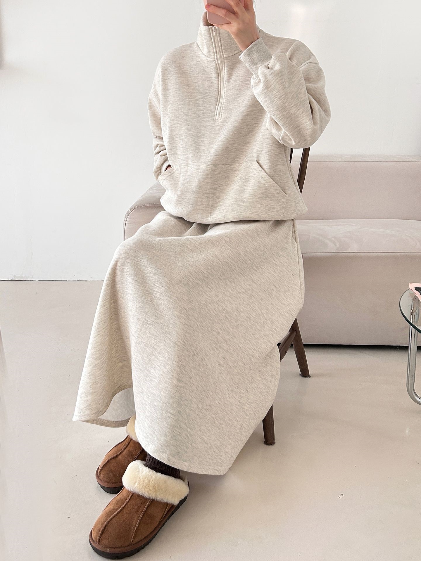 裏起毛ハーフジップウエストゴムロングルーズ長袖ワイドセットアップスカートスウェット | 詳細画像5