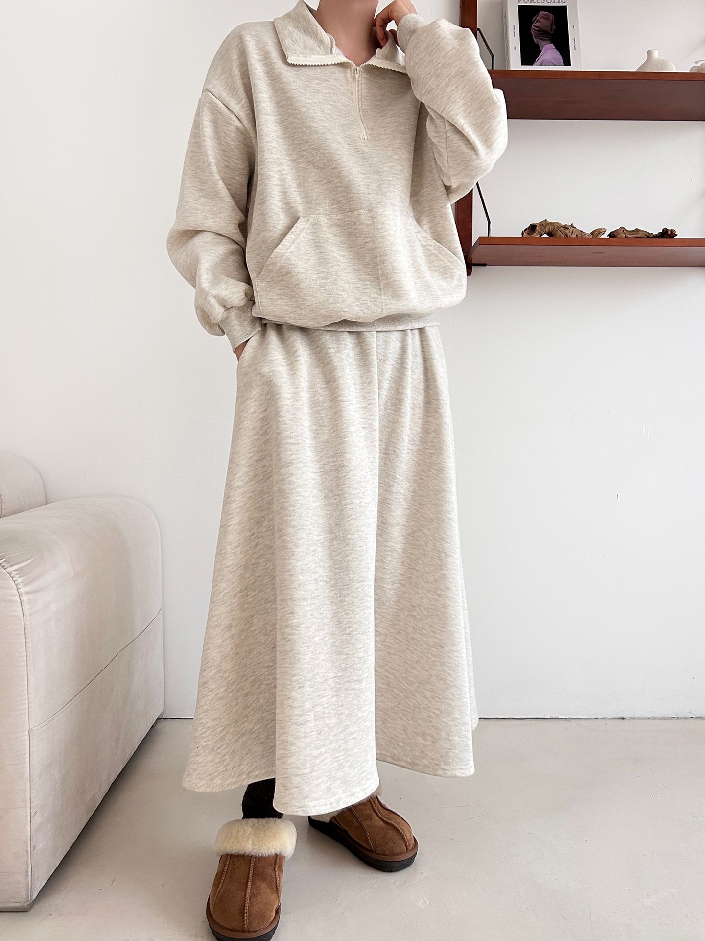 裏起毛ハーフジップウエストゴムロングルーズ長袖ワイドセットアップスカートスウェット | 詳細画像6