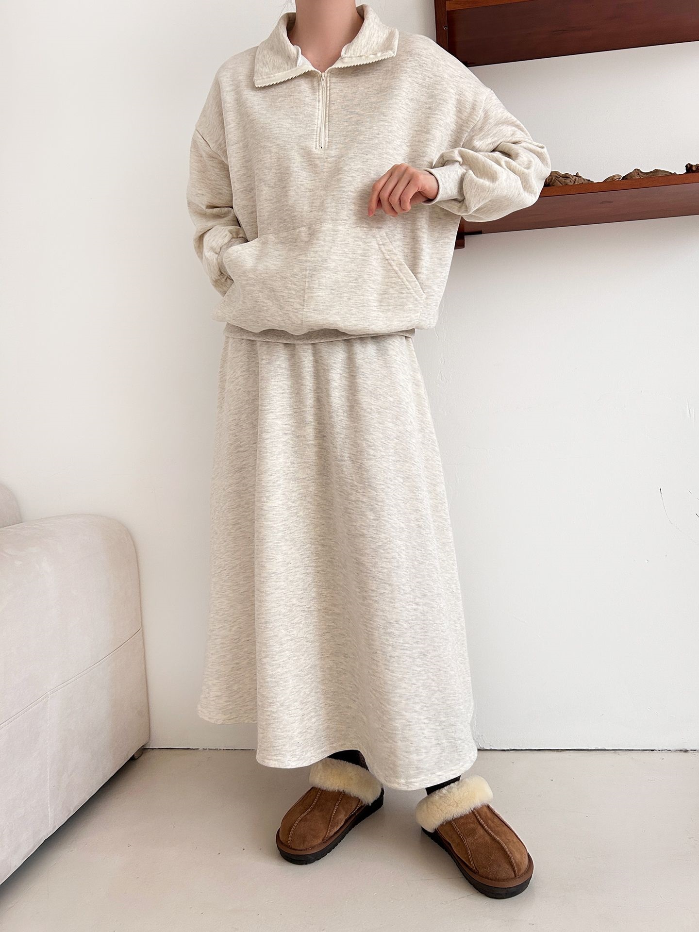 裏起毛ハーフジップウエストゴムロングルーズ長袖ワイドセットアップスカートスウェット | 詳細画像7