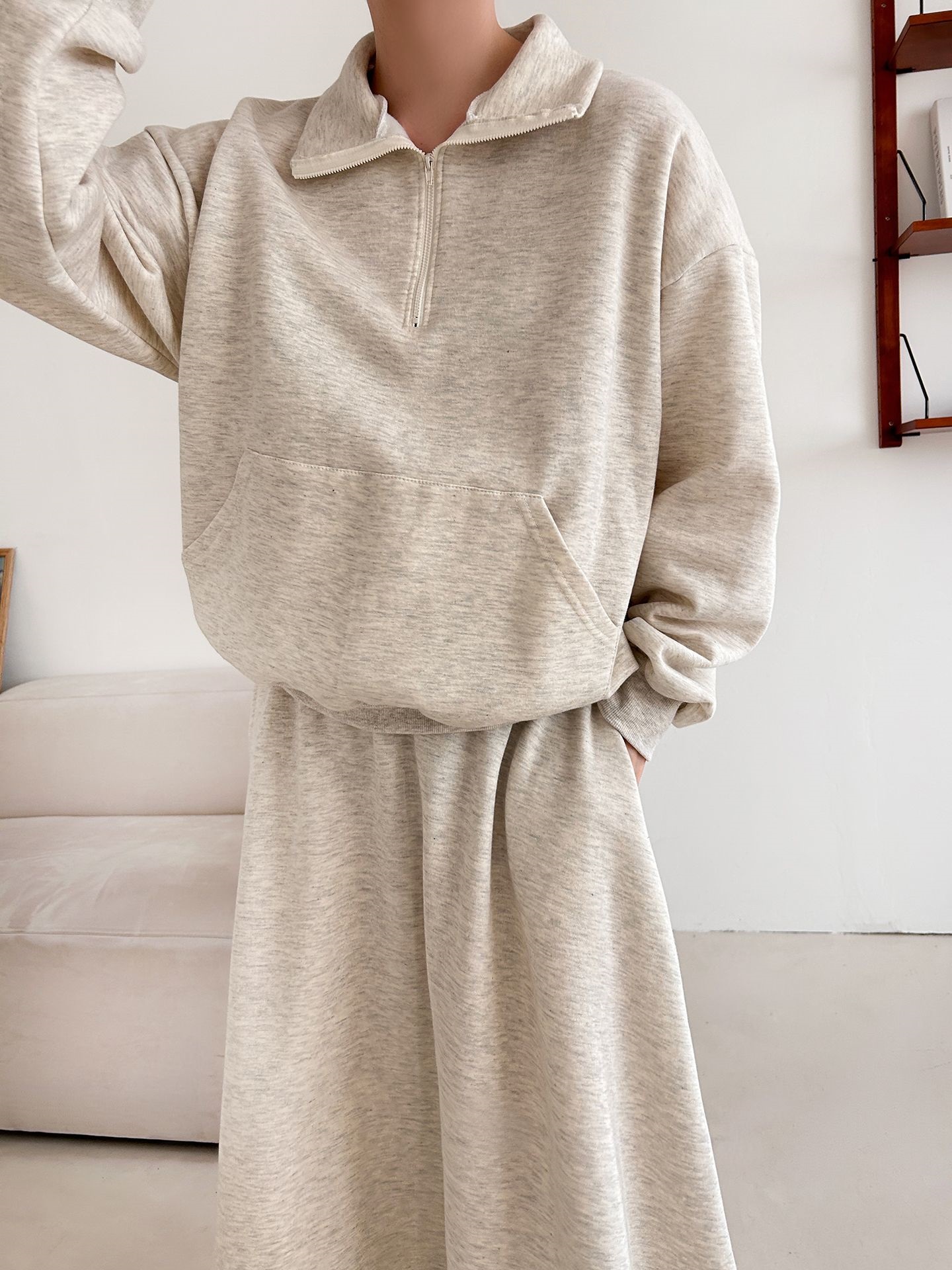 裏起毛ハーフジップウエストゴムロングルーズ長袖ワイドセットアップスカートスウェット | 詳細画像8