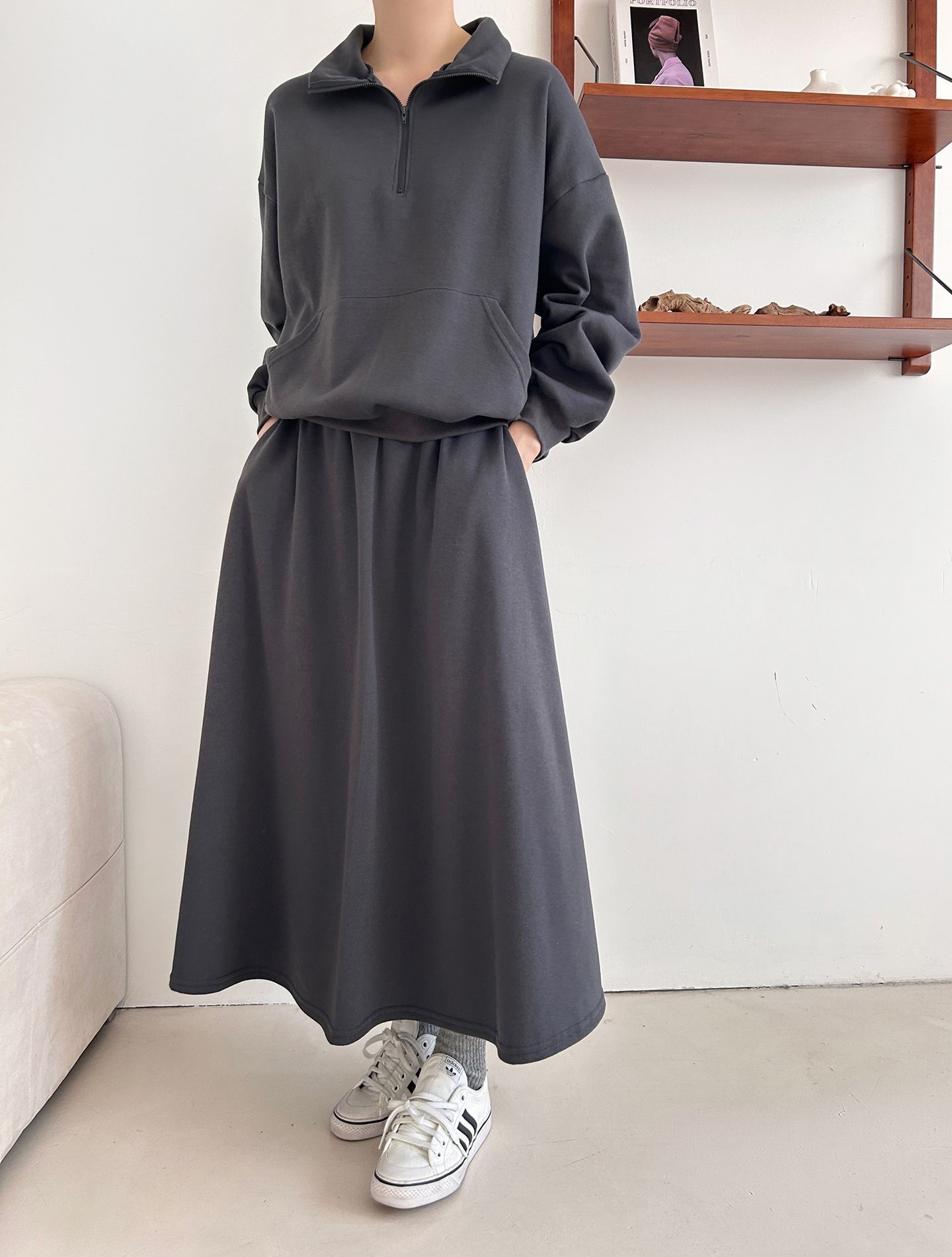 裏起毛ハーフジップウエストゴムロングルーズ長袖ワイドセットアップスカートスウェット | 詳細画像9