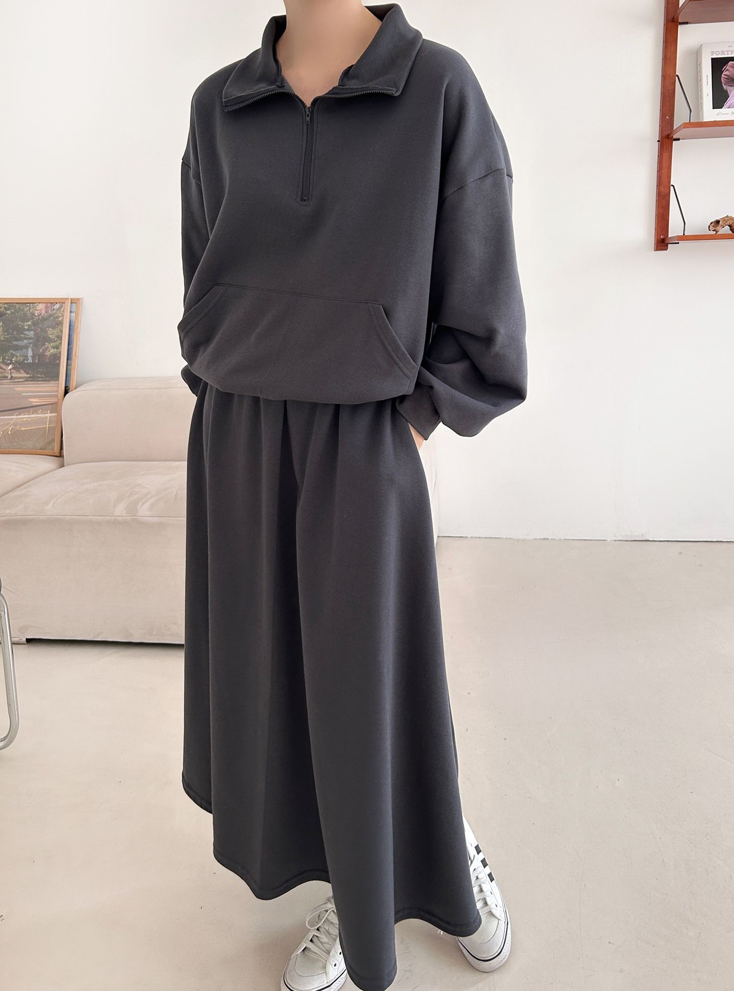 裏起毛ハーフジップウエストゴムロングルーズ長袖ワイドセットアップスカートスウェット | 詳細画像10