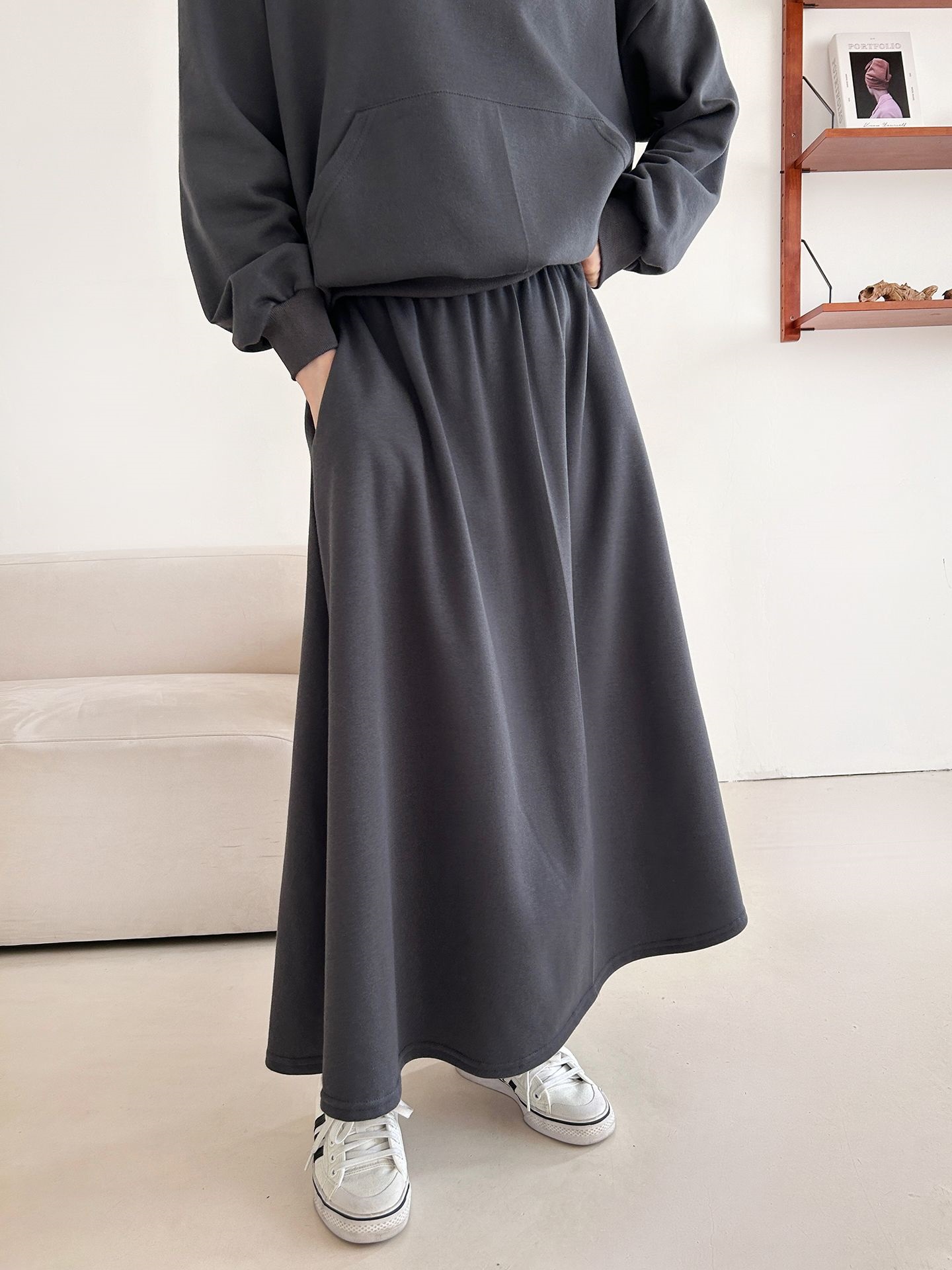 裏起毛ハーフジップウエストゴムロングルーズ長袖ワイドセットアップスカートスウェット | 詳細画像11